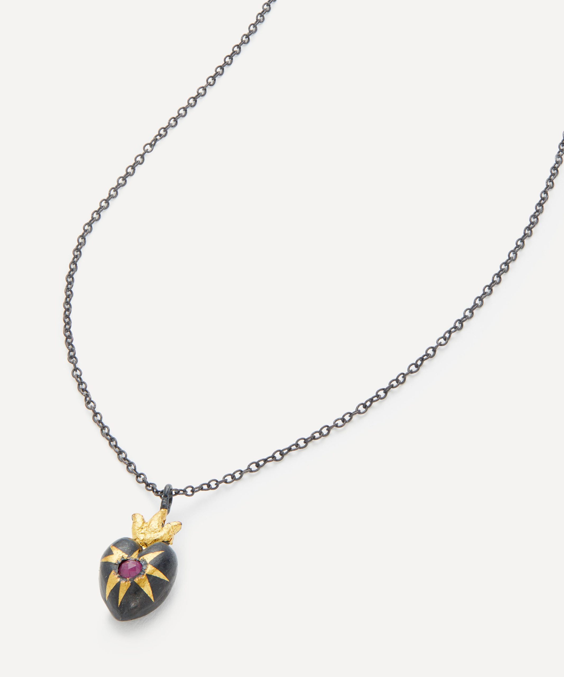 Acanthus Oxidised Silver Shining Heart Ruby Pendant Necklace