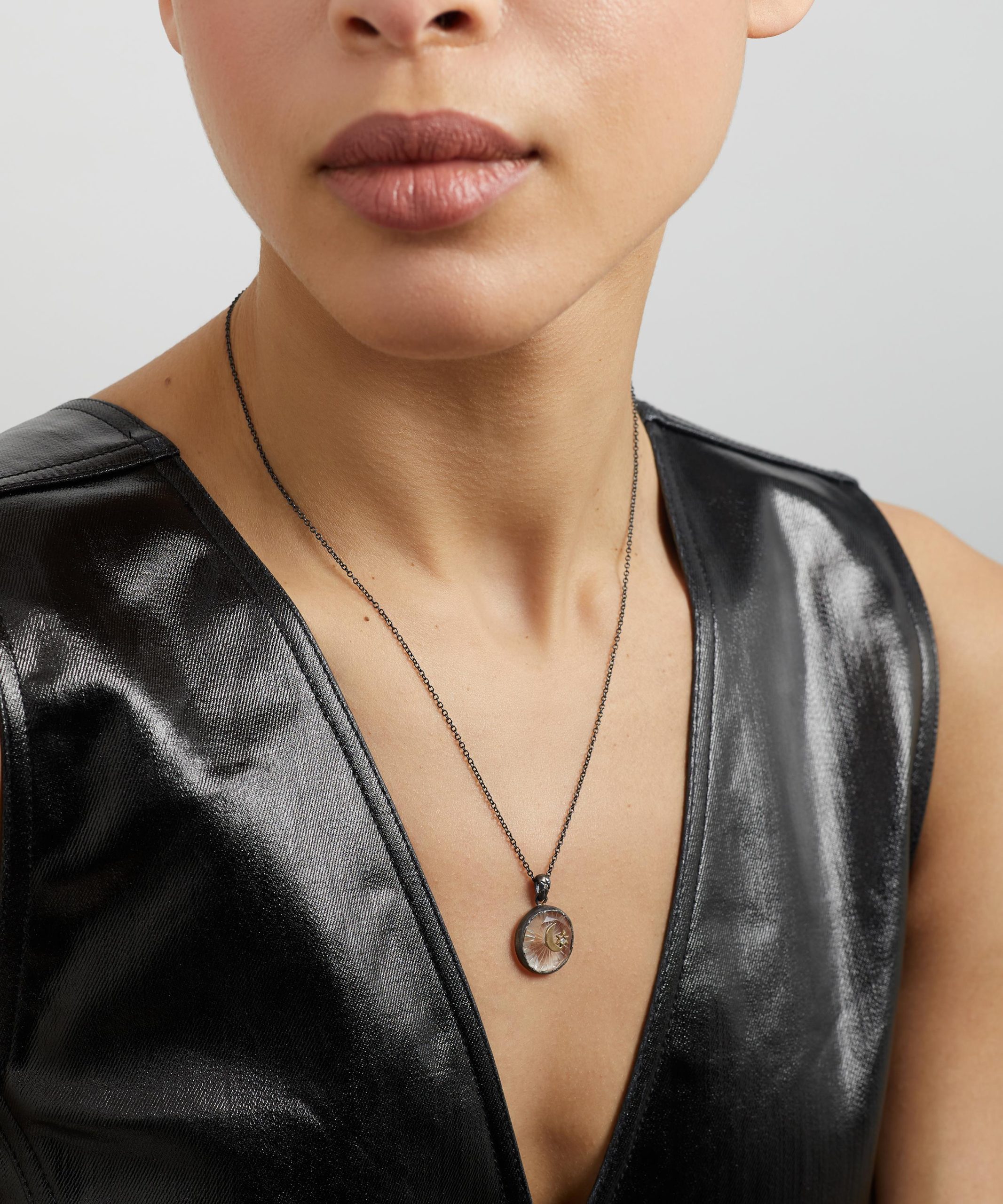 Acanthus Oxidised Silver Crescent Star Triangle Quartz Amulet Pendant Necklace