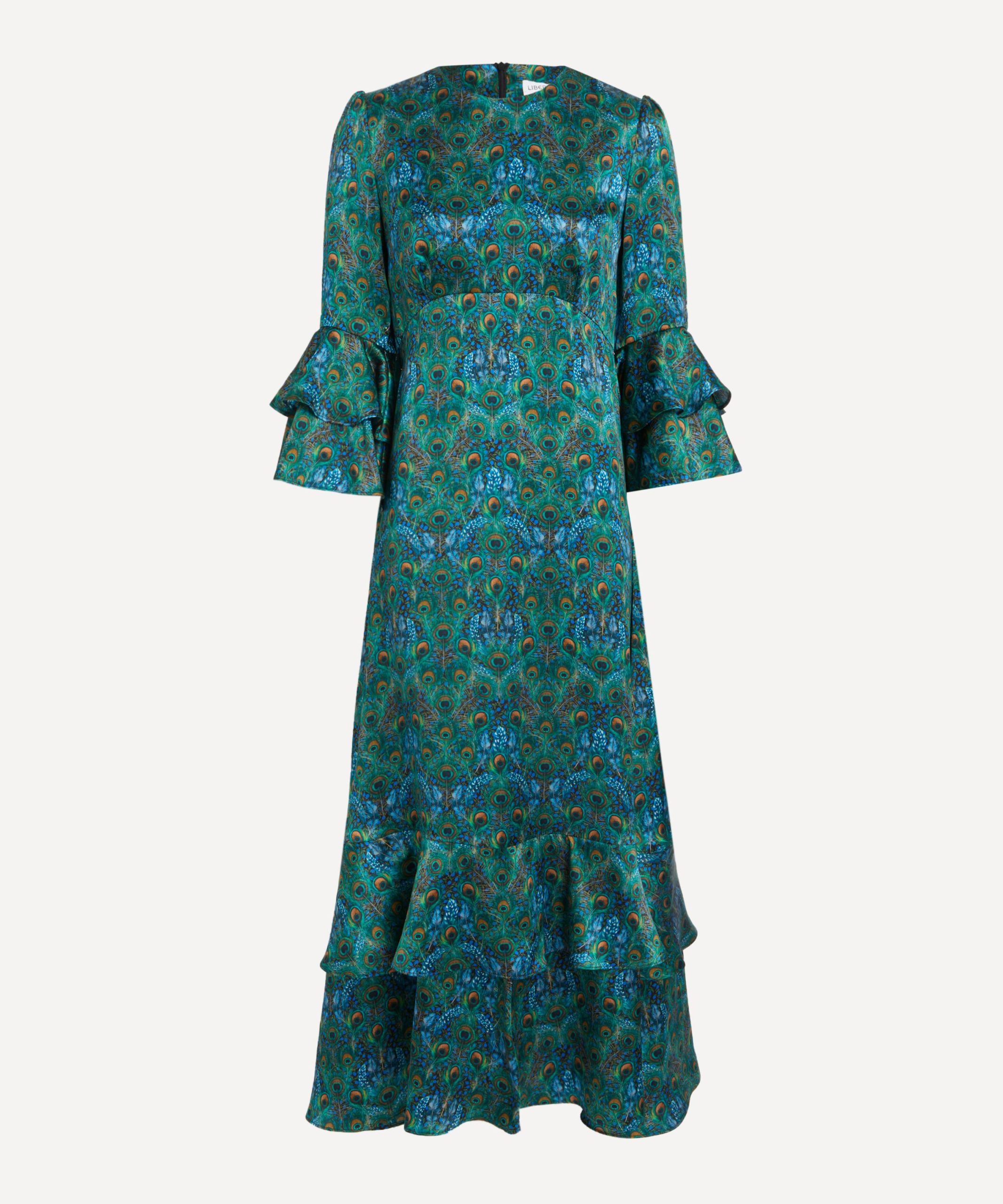Liberty Peacock Manor Silk Satin Gala Maxi Dress