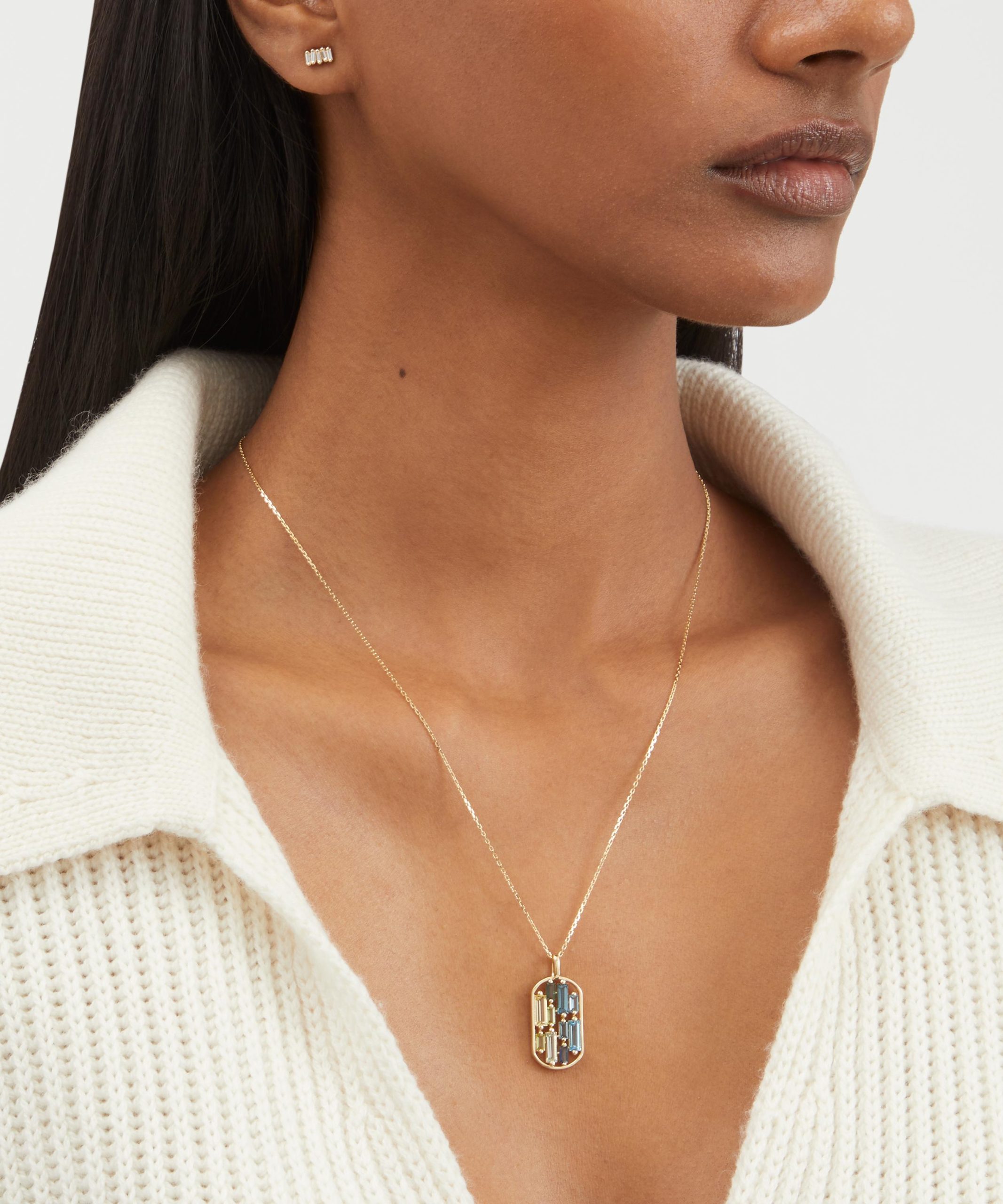 Suzanne Kalan 14ct Gold Open Inlay Blue Green Topaz Dog Tag Pendant Necklace