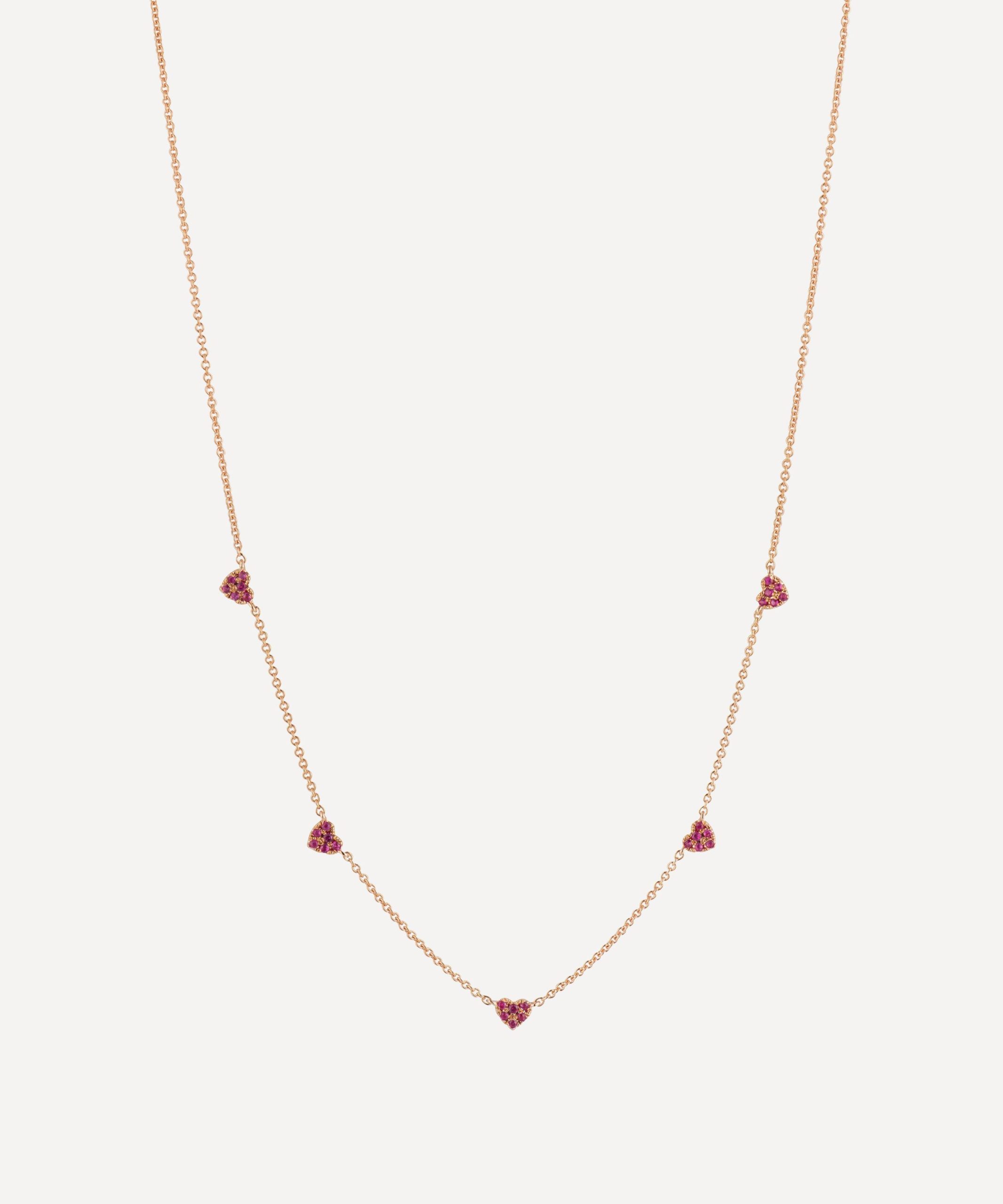 Roxanne First 14ct Gold Many Mini Pink Sapphire Heart Station Necklace