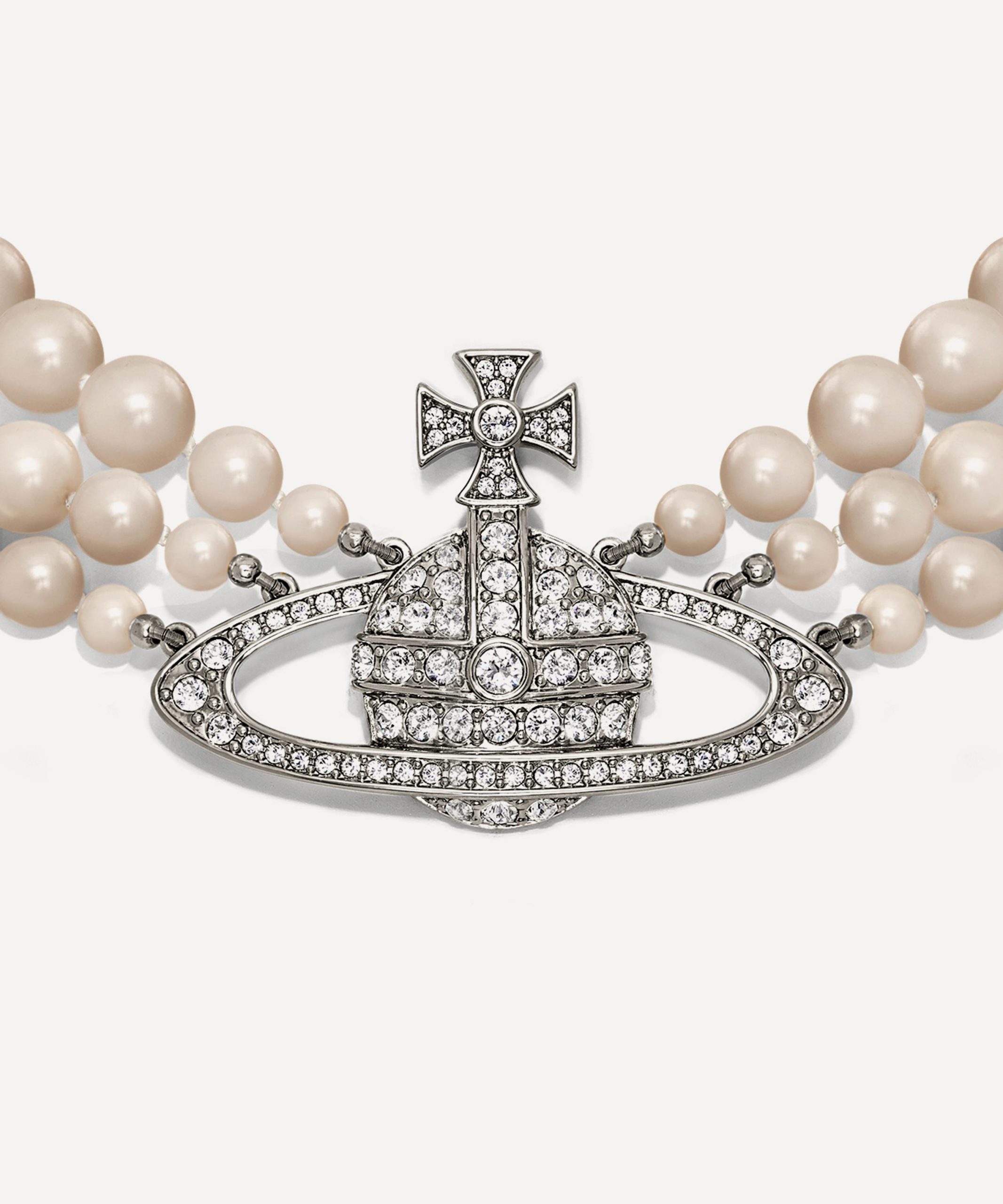 Vivienne Westwood Silver-Tone Three Row Pearl Bas Relief Choker Necklace