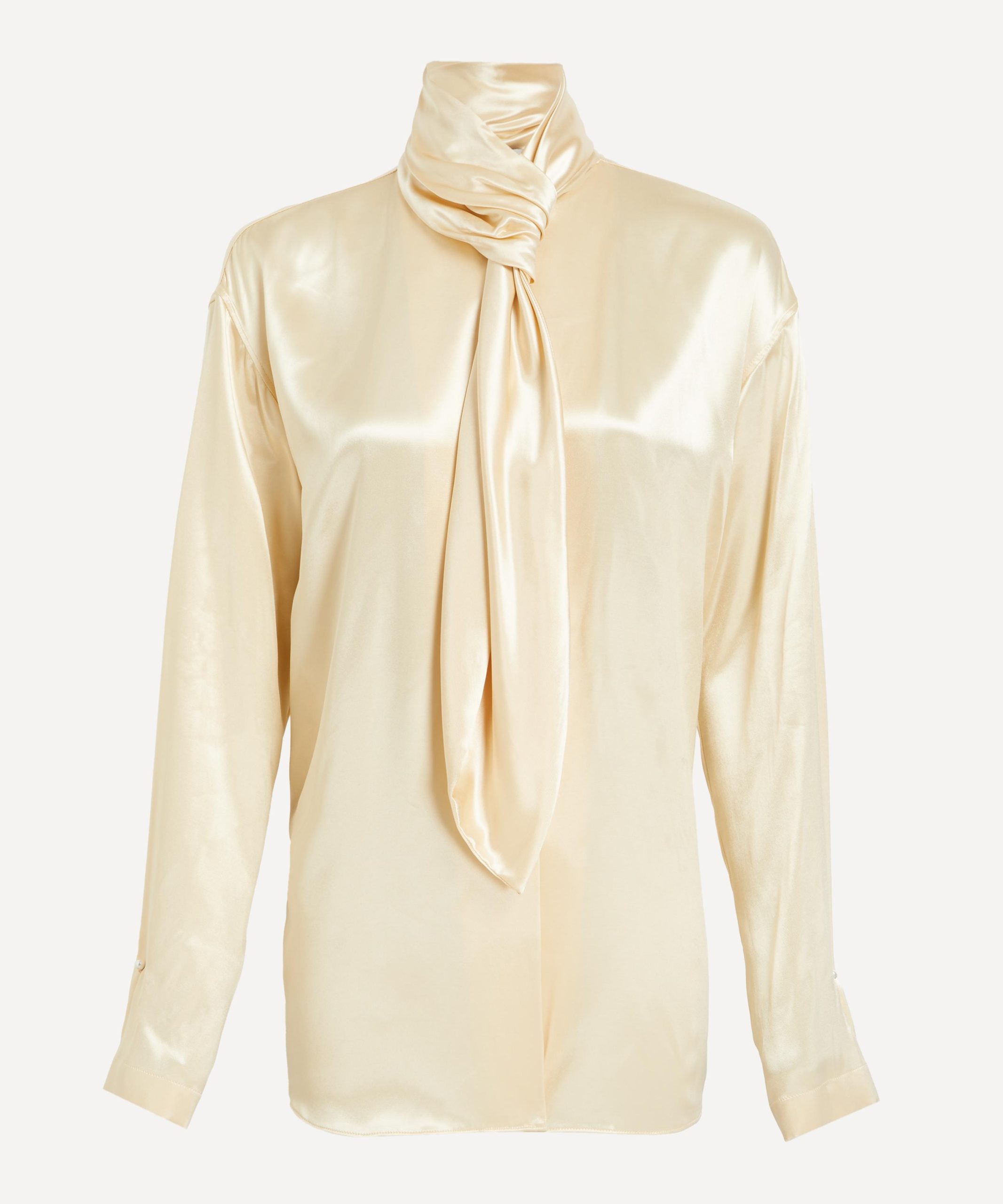 Alberta Ferretti Cream Yellow Glossy Satin Shirt with Knot Tie