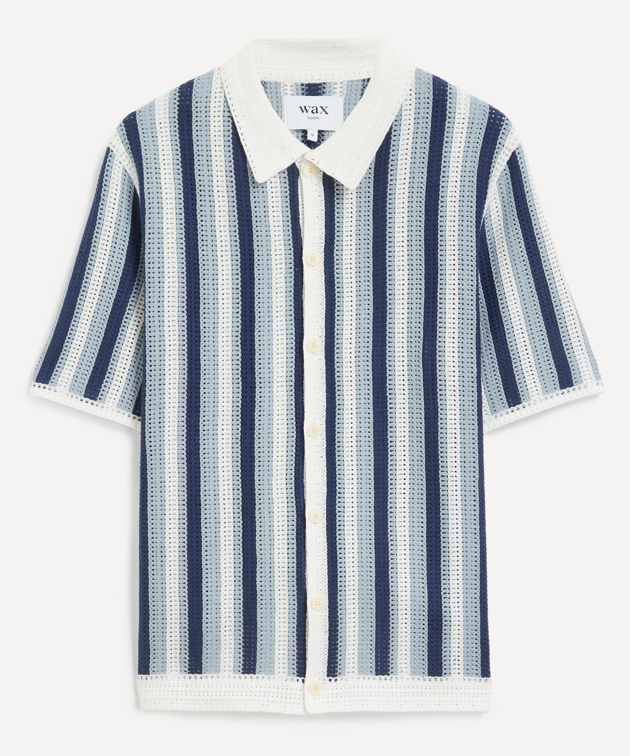 Wax London Porto Blue And Ecru Stripe Crochet Knitted Polo Shirt
