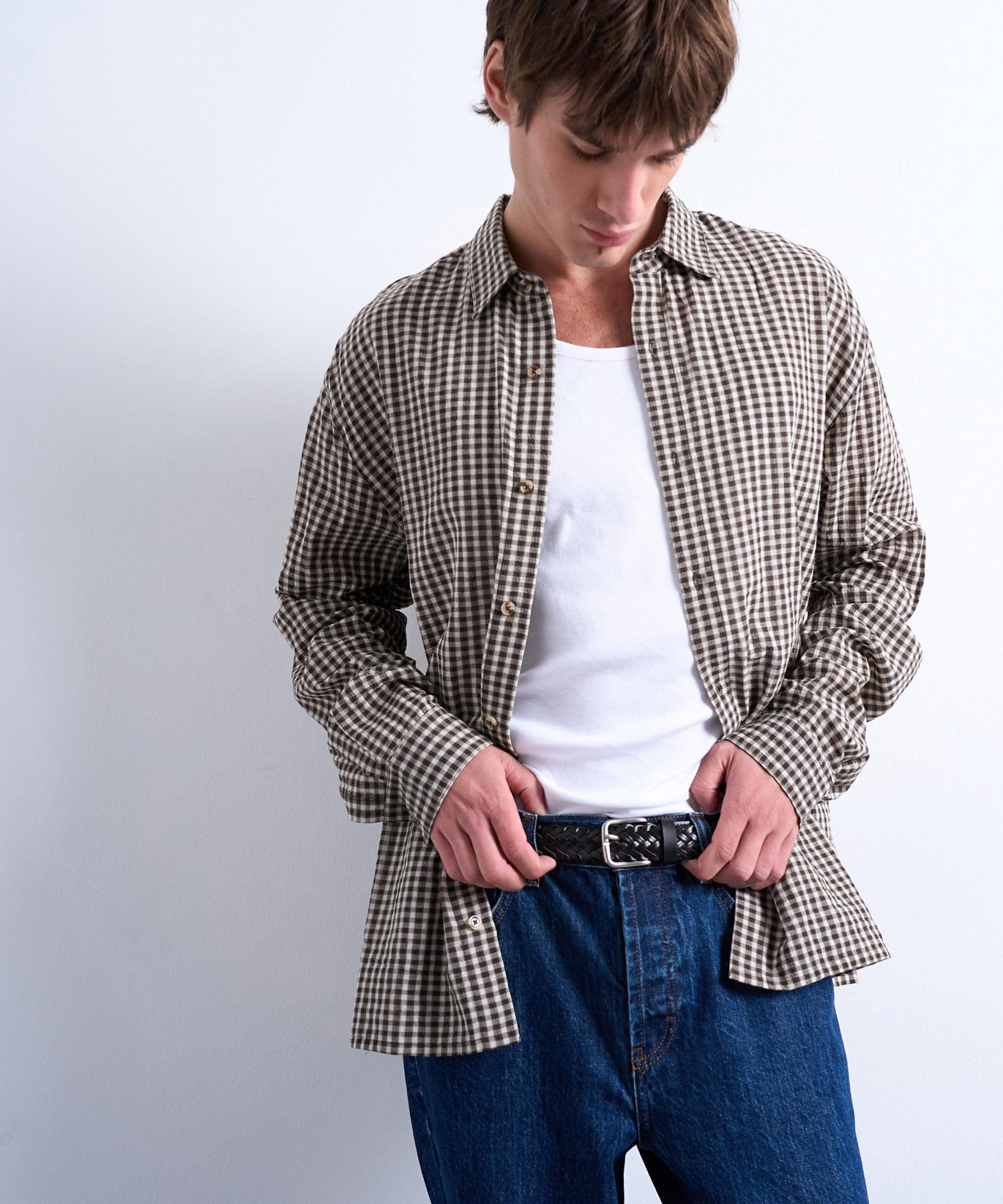 TOPMAN Brown Textured Gingham Shirt