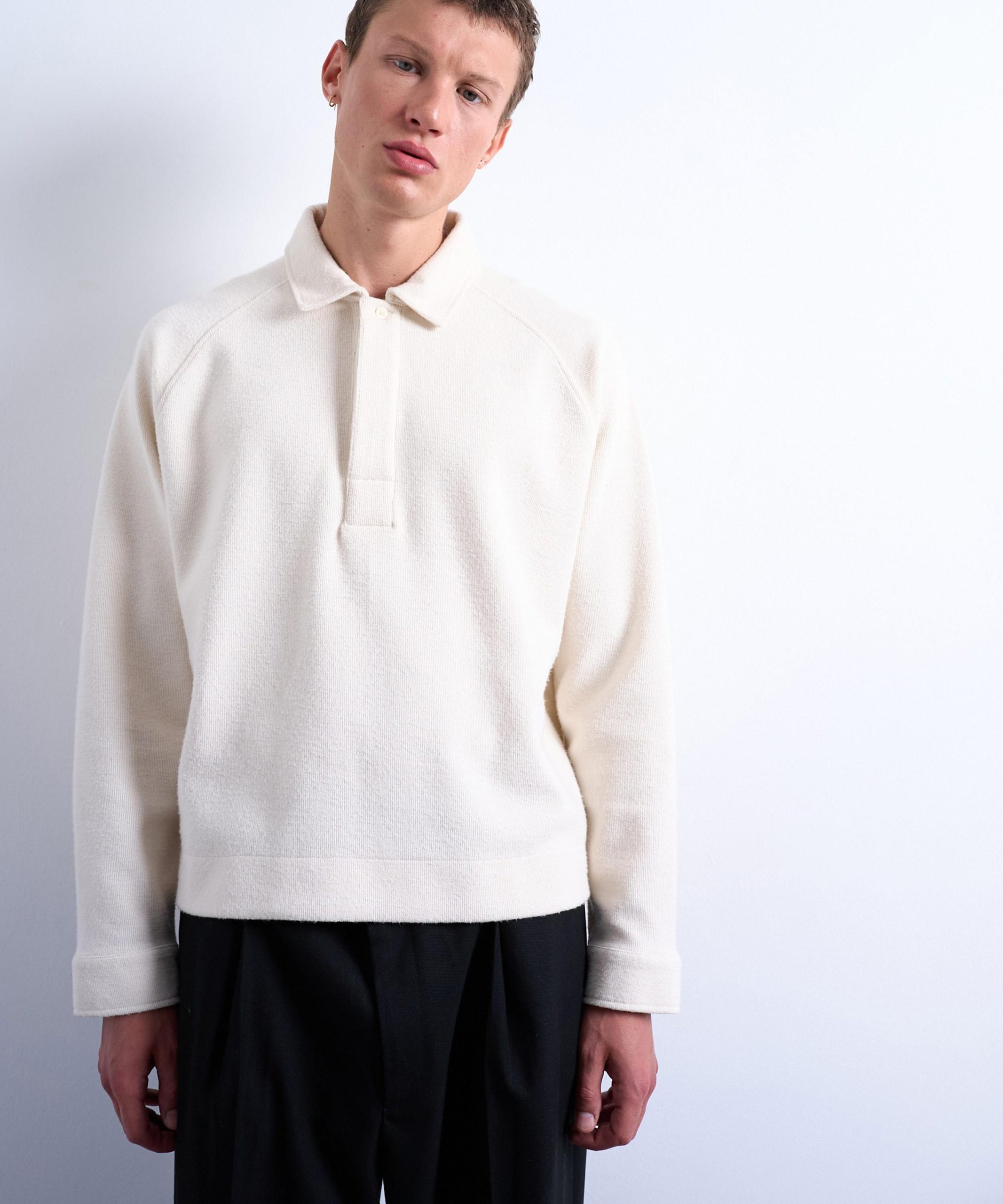 TOPMAN Ecru Boxy-Fit Textured Ragan Polo Sweater