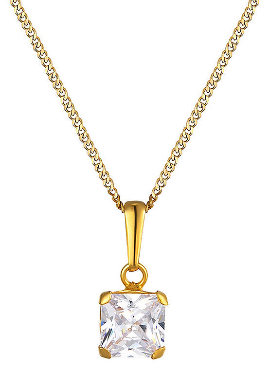 18ct Gold Plated Sterling Silver 6mm Princess Cut Cubic Zirconia Solitaire Necklace