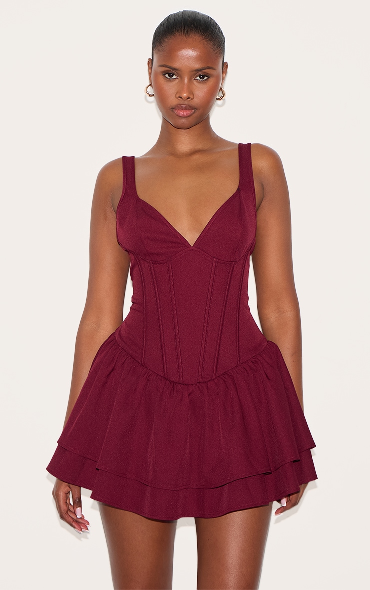 Wine Woven Corset Detail Skater Skort Playsuit