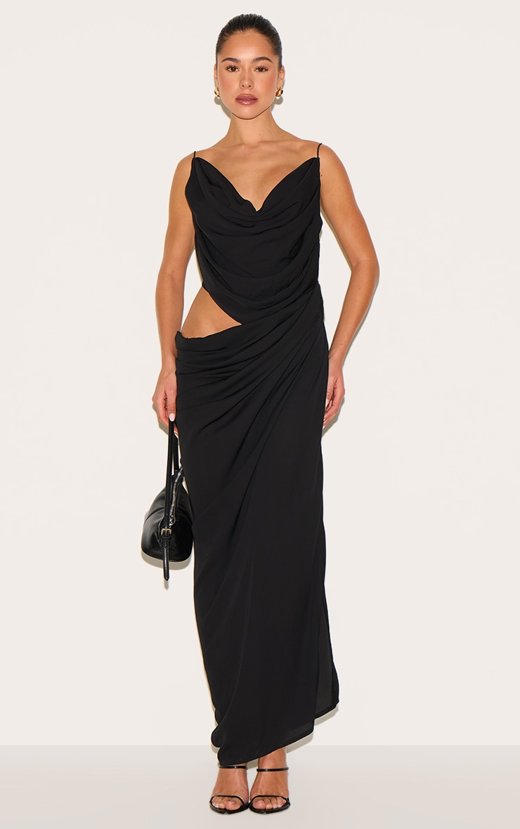 Black Chiffon Drape Cut Out Midaxi Dress