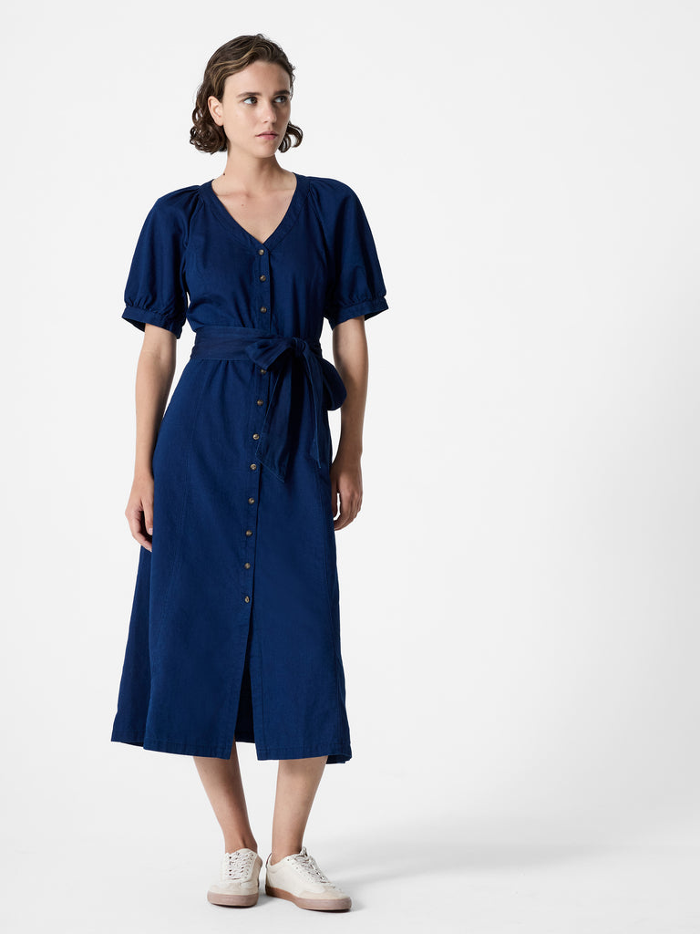 Zaves Chambray Denim V Neck Midi Dress
