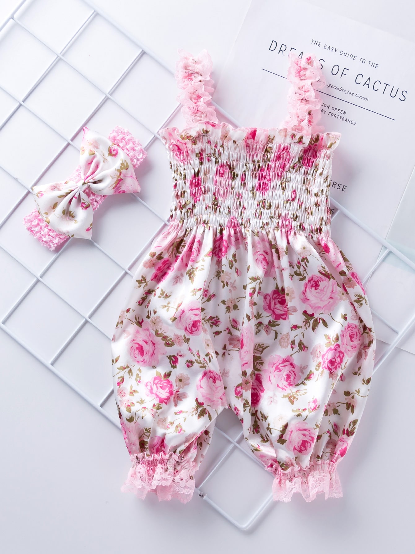 Baby Girl Allover Floral Shirred Satin Romper & Headband