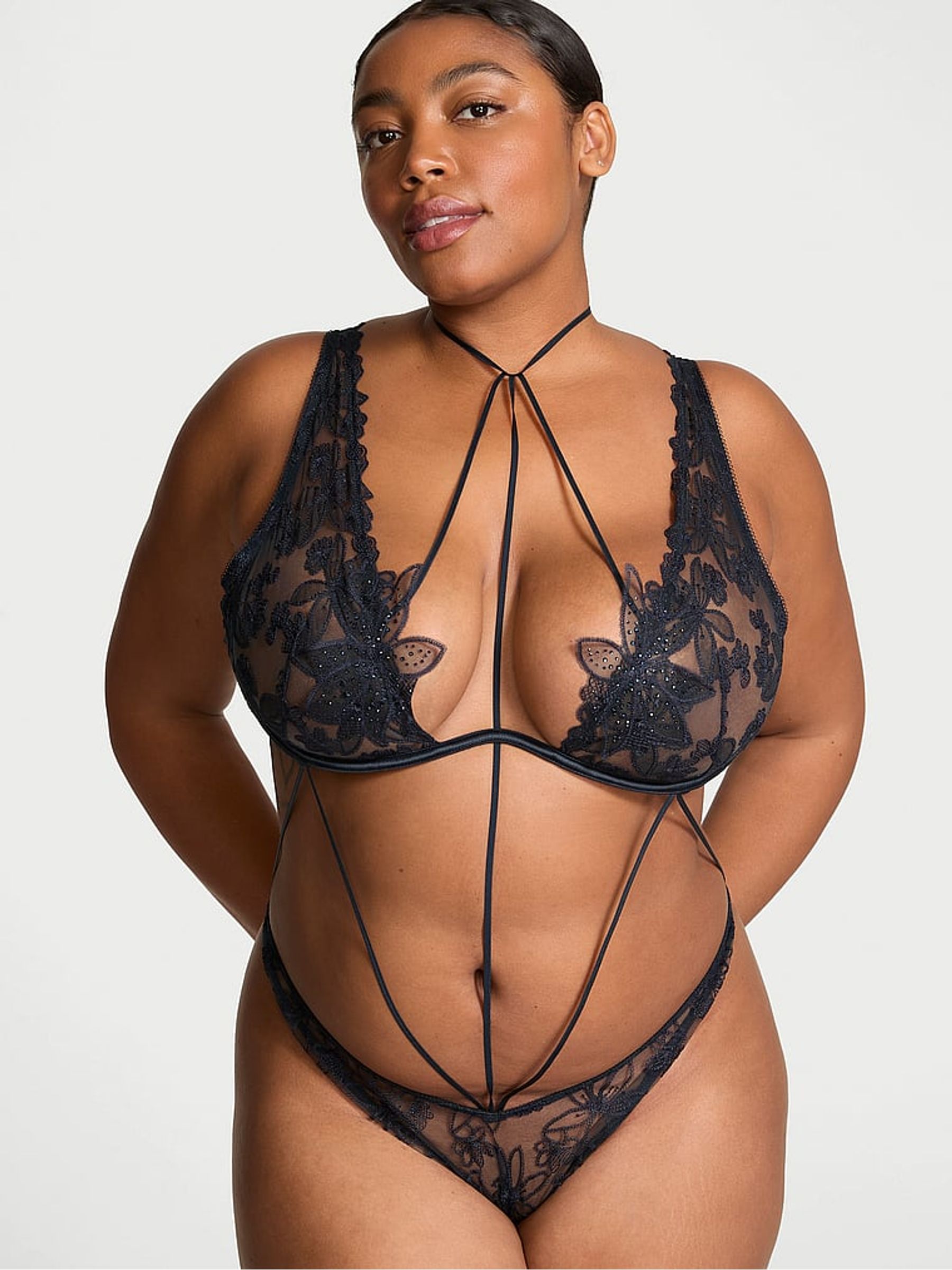 Dark Twilight Blue Ziggy Neck Tie Cut Out Bodysuit