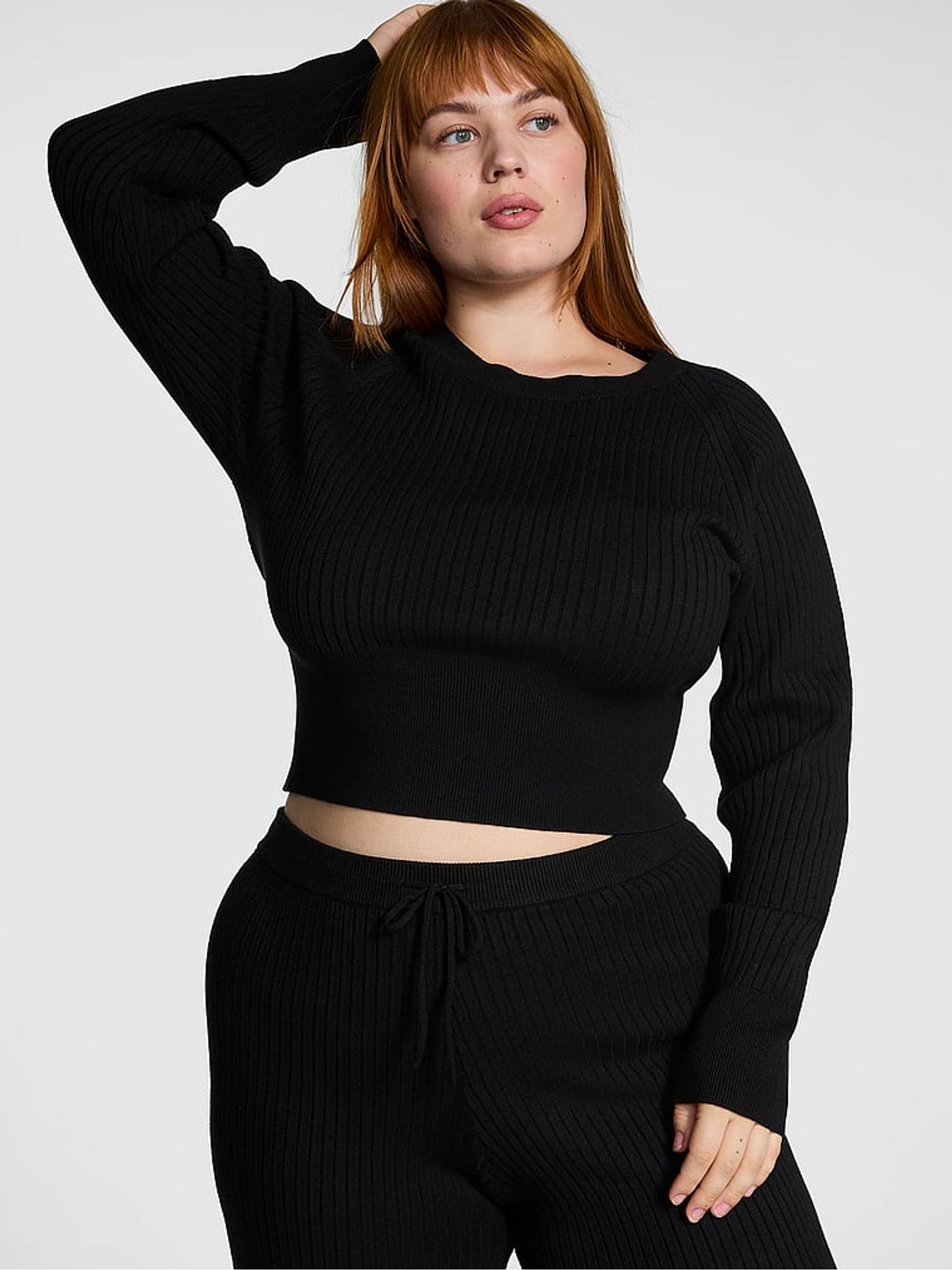 Black Ribbed Knit Long Sleeve Top