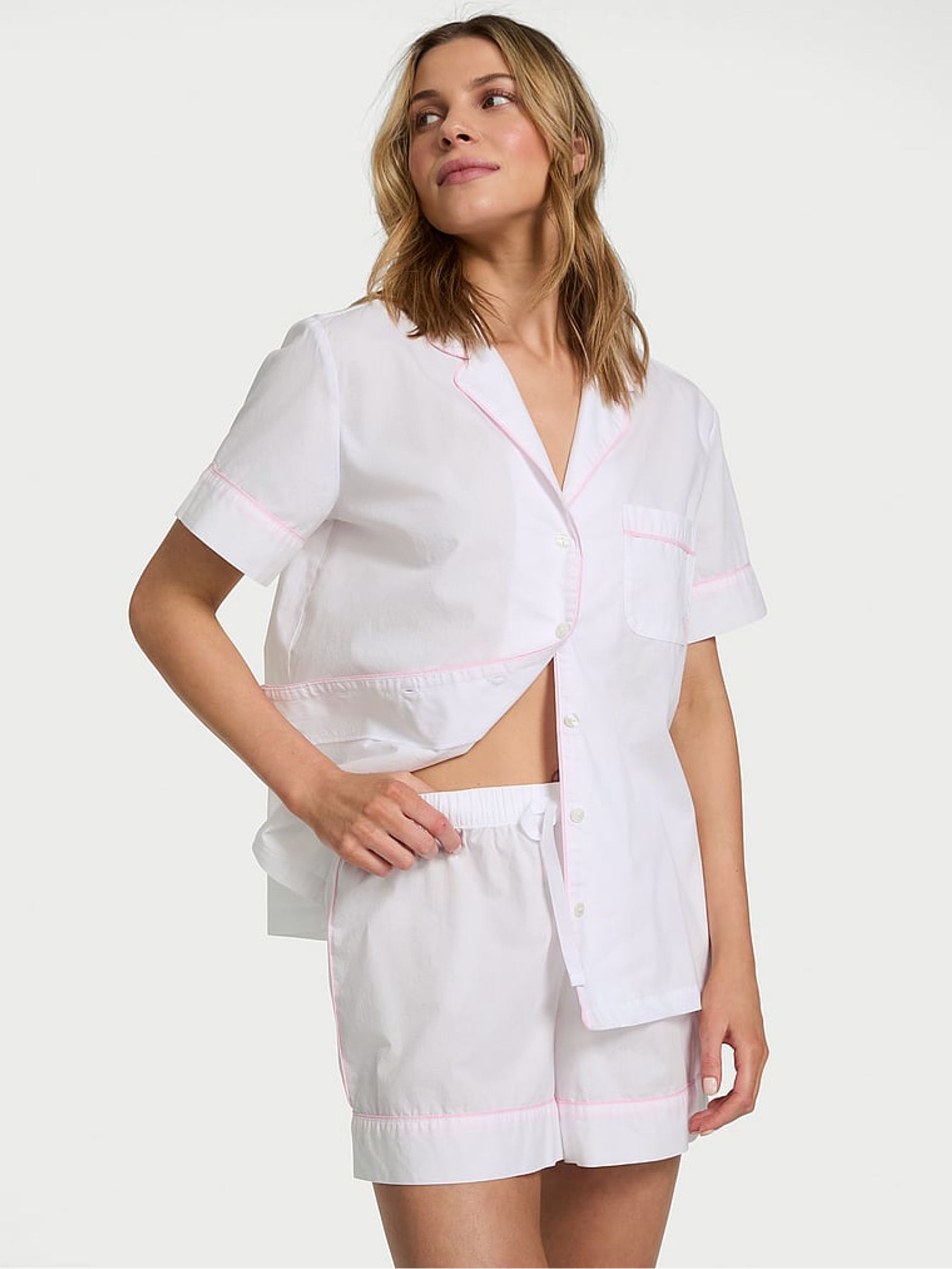 White With Pink Piping Cotton Short Pyjama Set