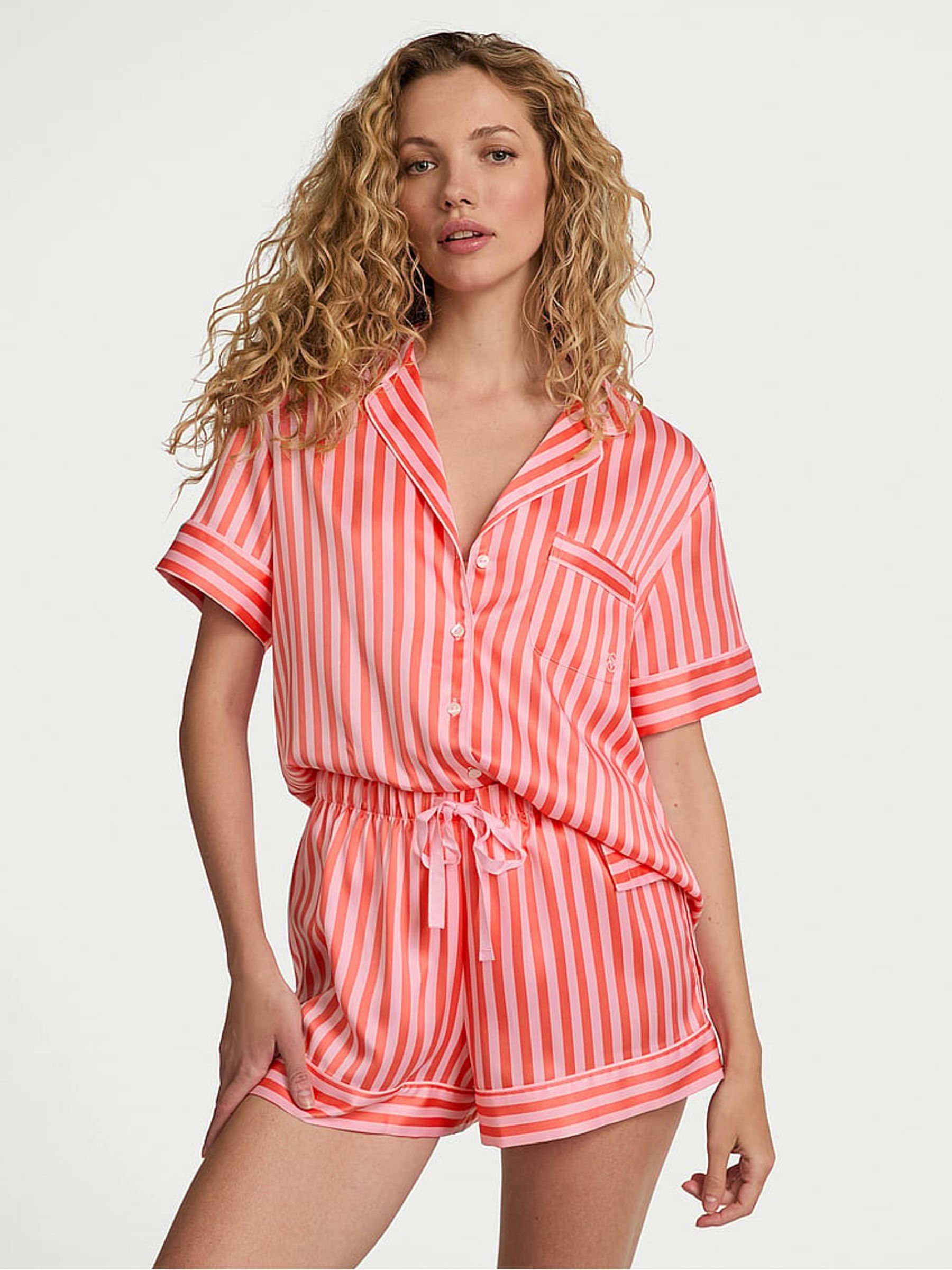Wild Orange & Pink Stripes Satin Short Pyjama Set