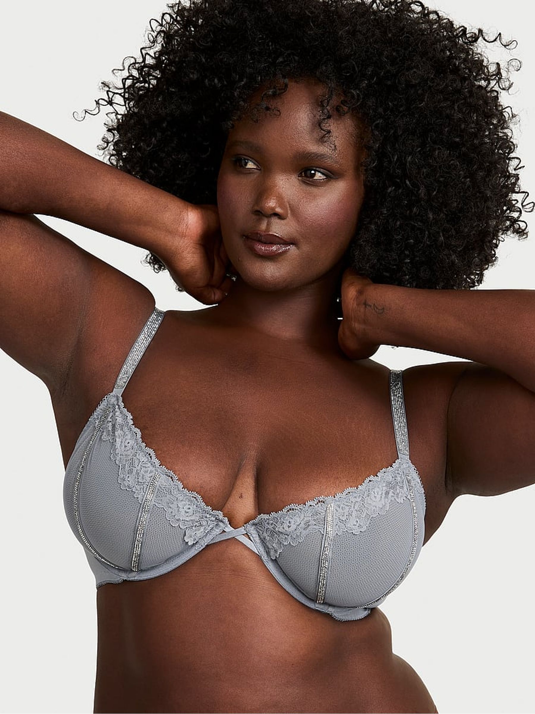 Asteroid Grey Unlined Demi Sheer Shine Lace Bra