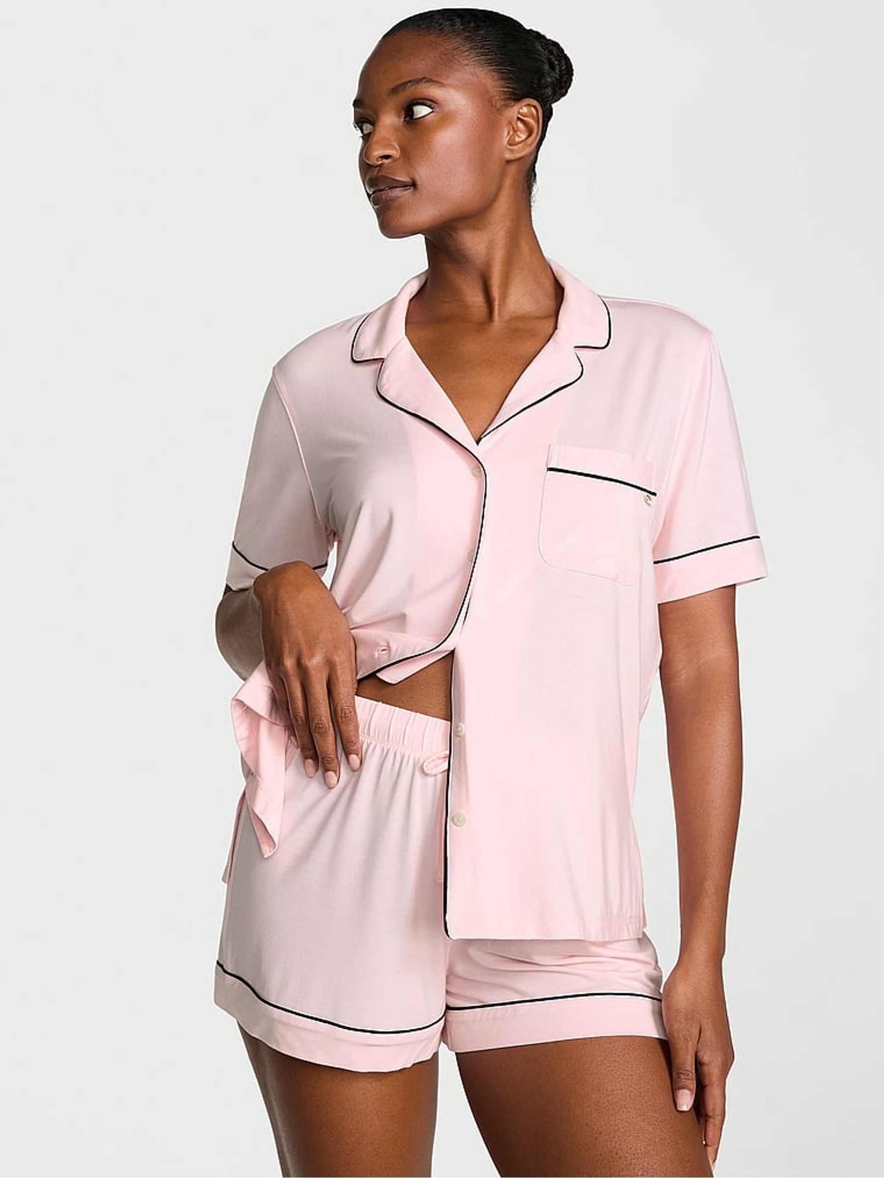 Angel Pink With Black Piping Modal Short Pyjama Set