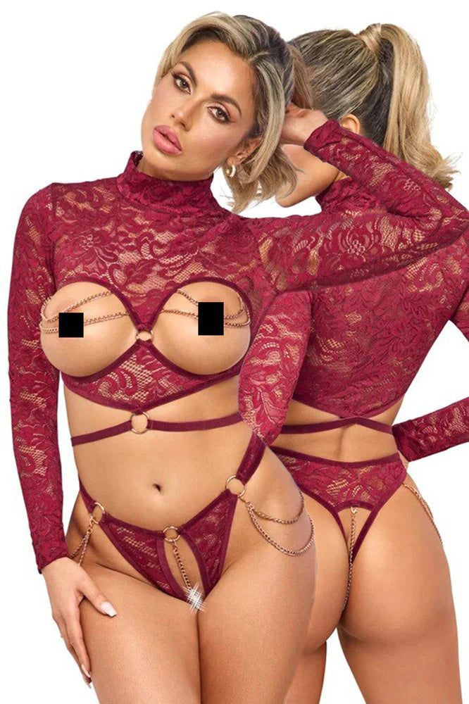 Abierta Fina Red Lace Set