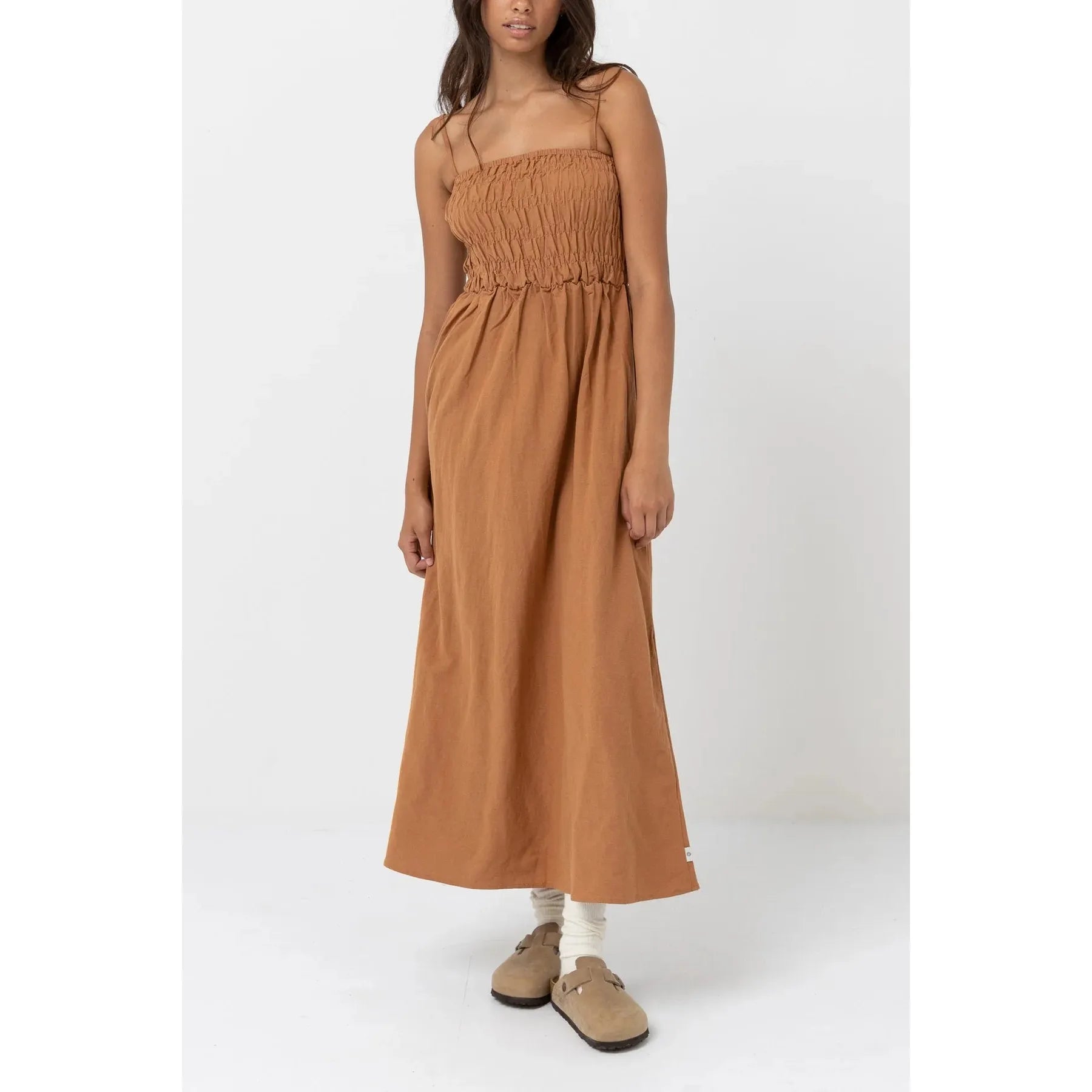 Classic Shirred Midi Dress - Caramel