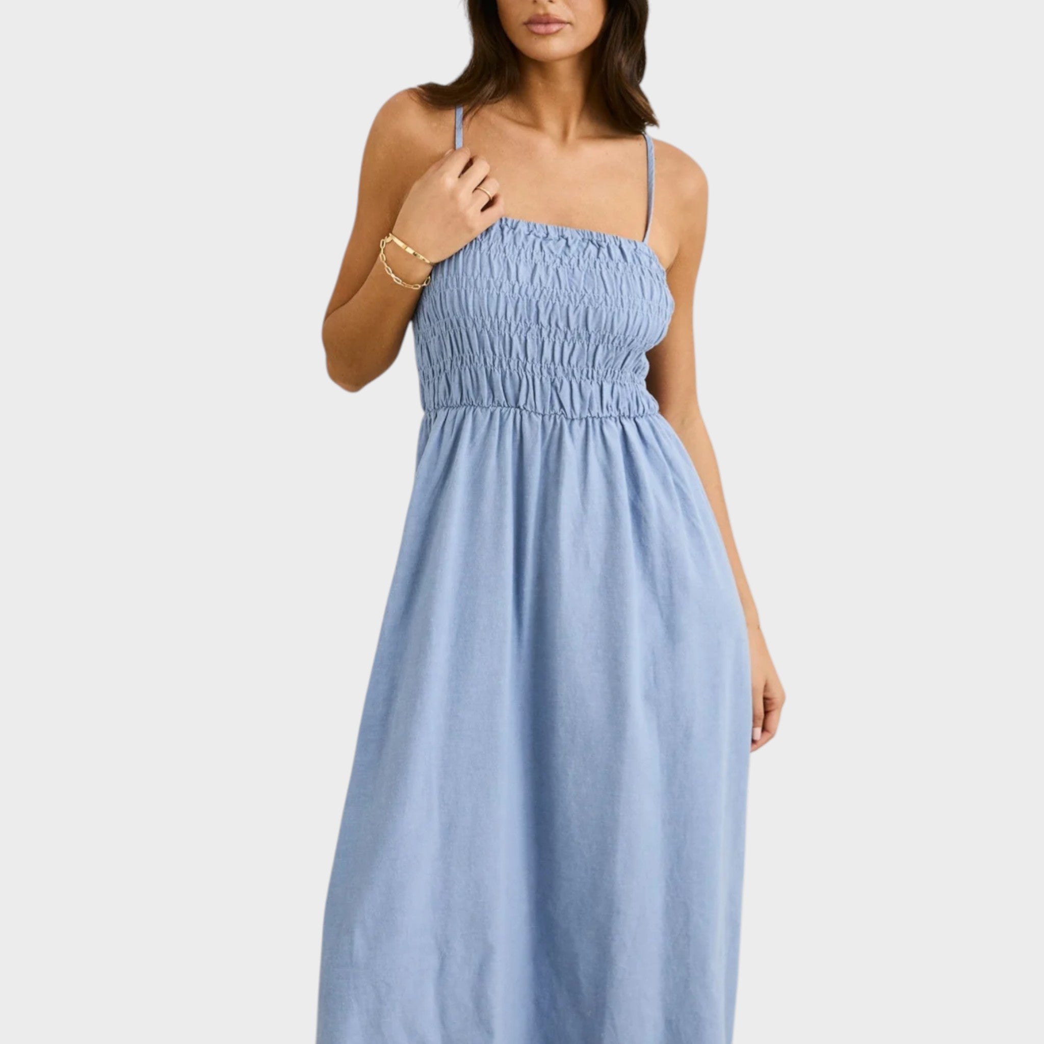 Rhythm women's Classic Shirred Midi Dress - Steel Blue