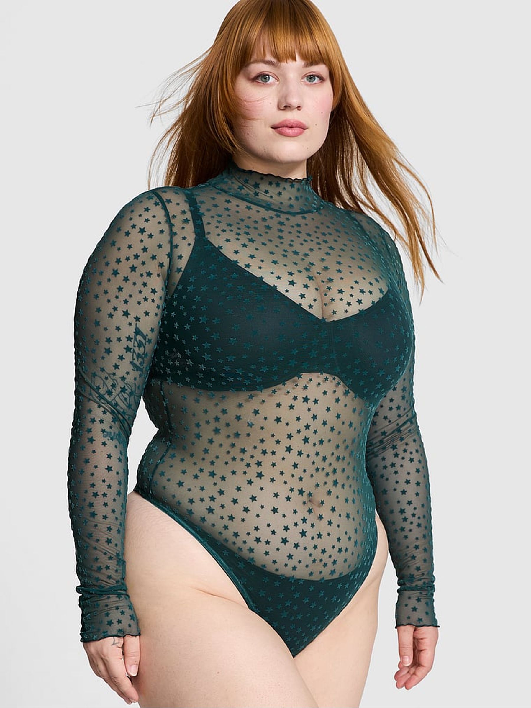 Deep Forest Green Star Chaser Lace Mock Neck Bodysuit