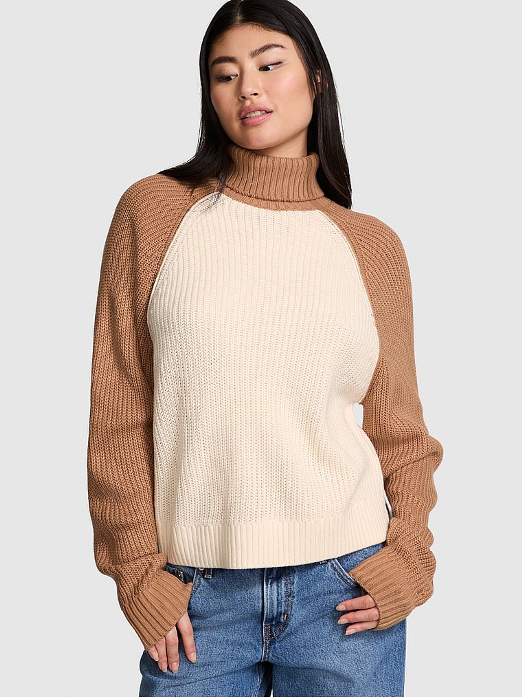 White Shell / Toffee Brown Turtleneck Knitted Jumper