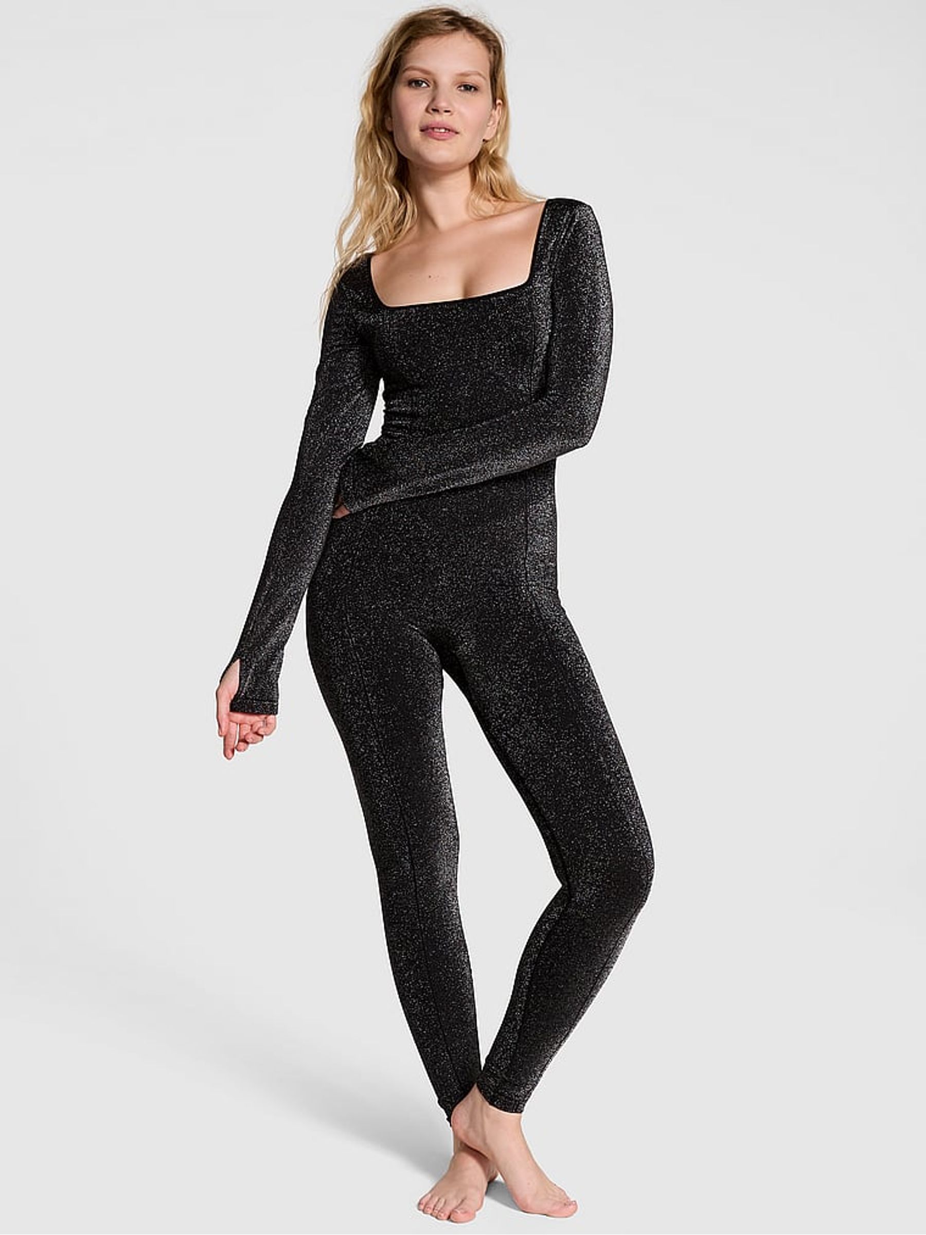Black Shine Seamless Square Neck Jumpsuit
