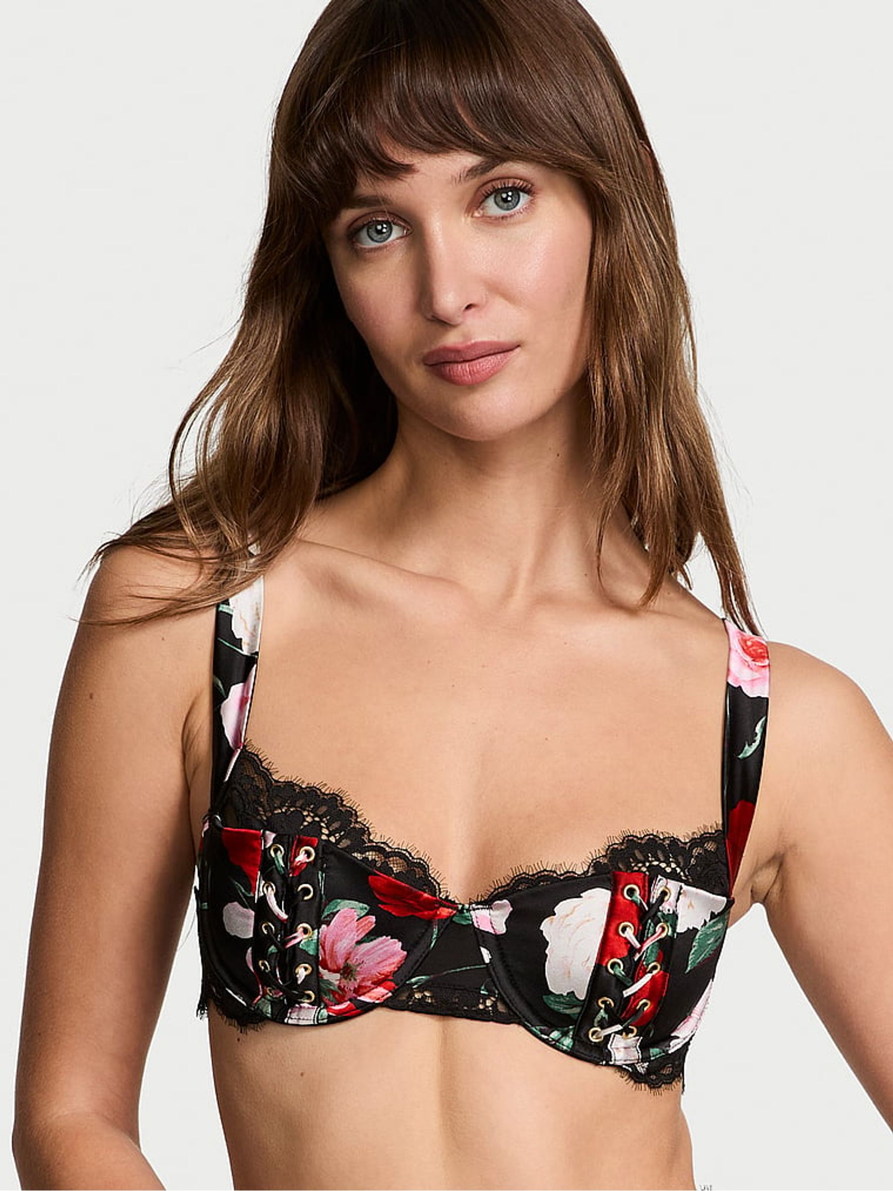 Black Atelier Floral Silk Satin Lace Lightly Lined Balcony Bra