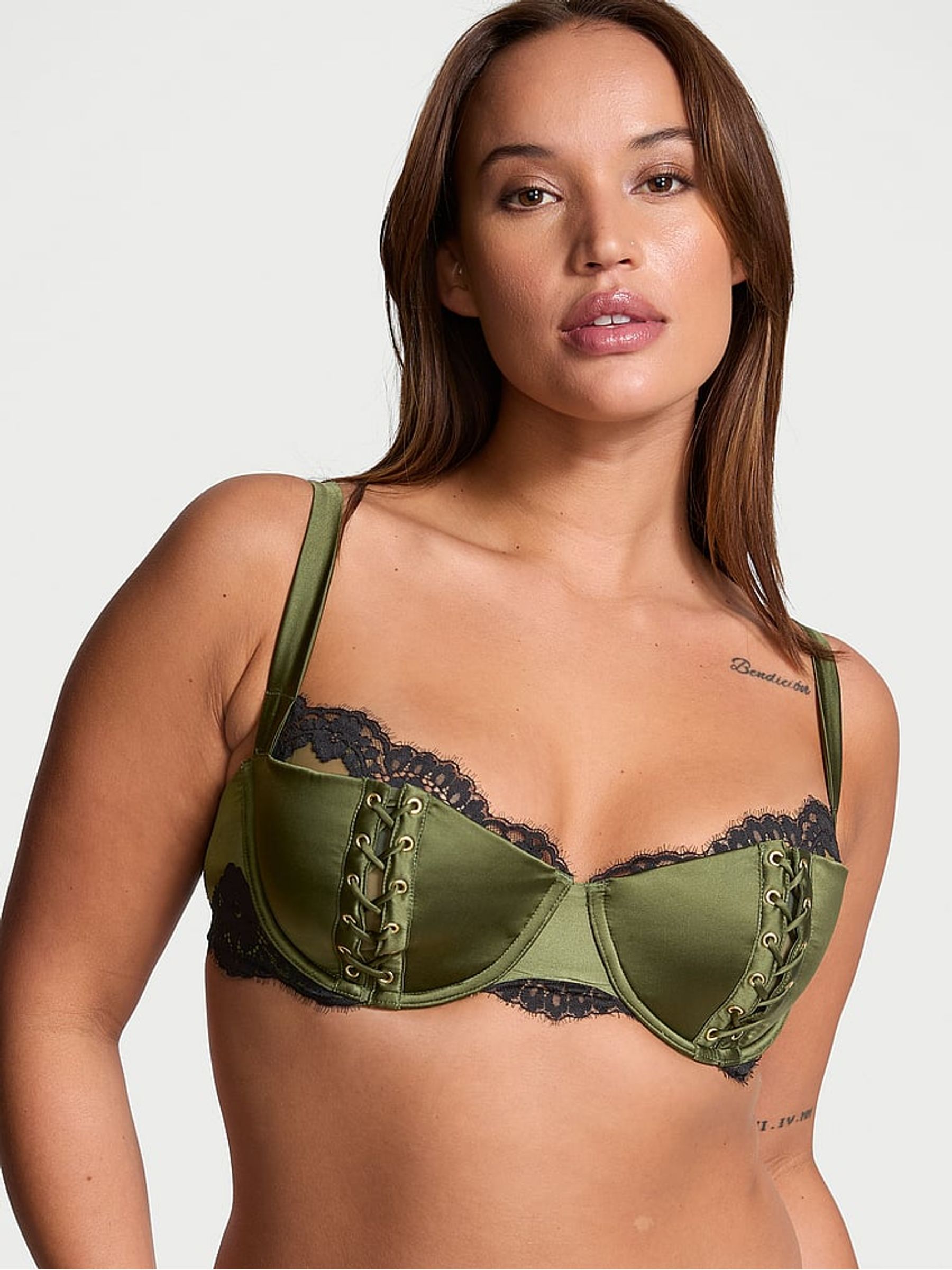 Woodland Green Silk Satin Lace Lightly Lined Balcony Bra