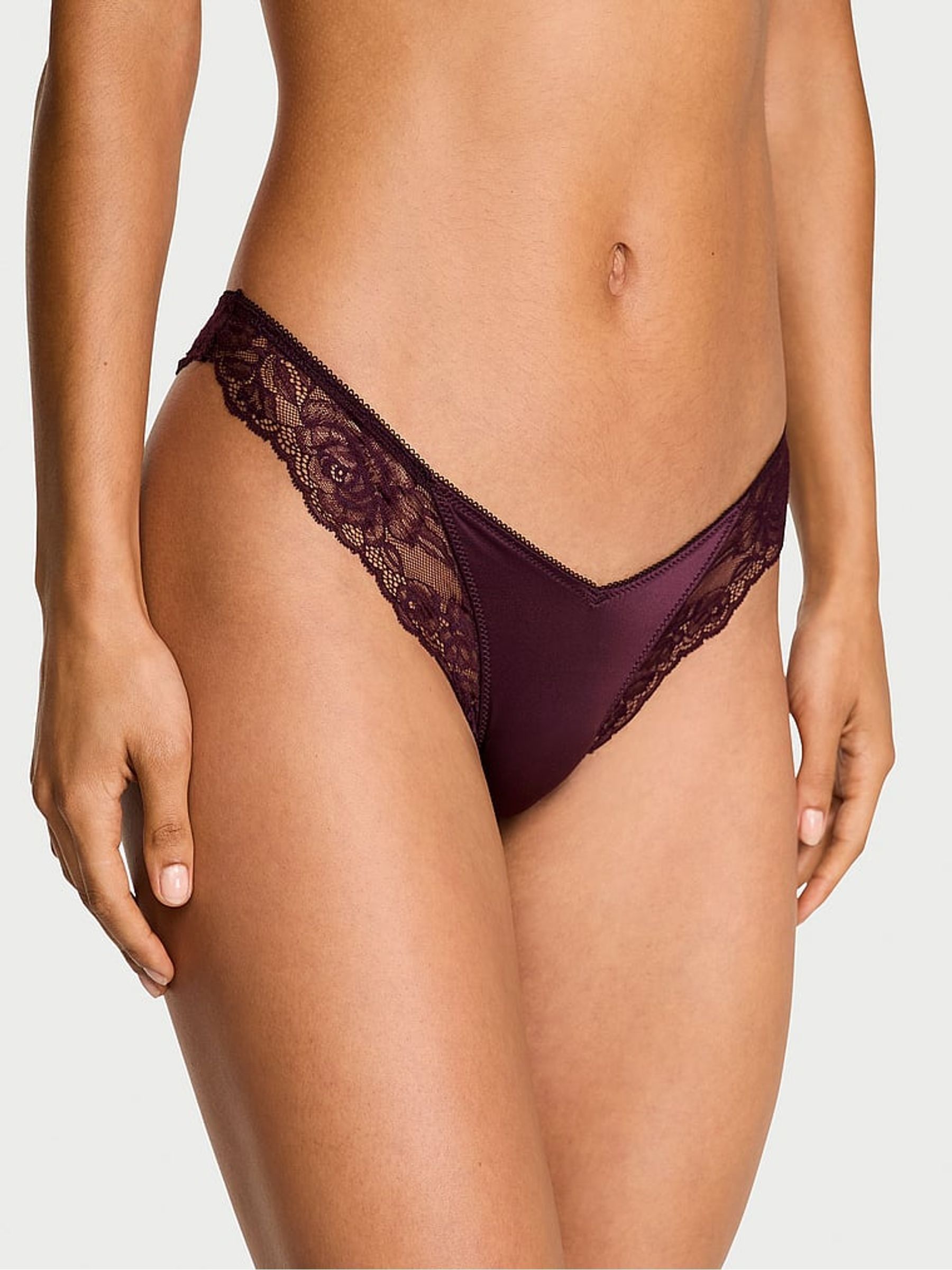 Winter Wine Red Thong Rose Lace Trim Knickers