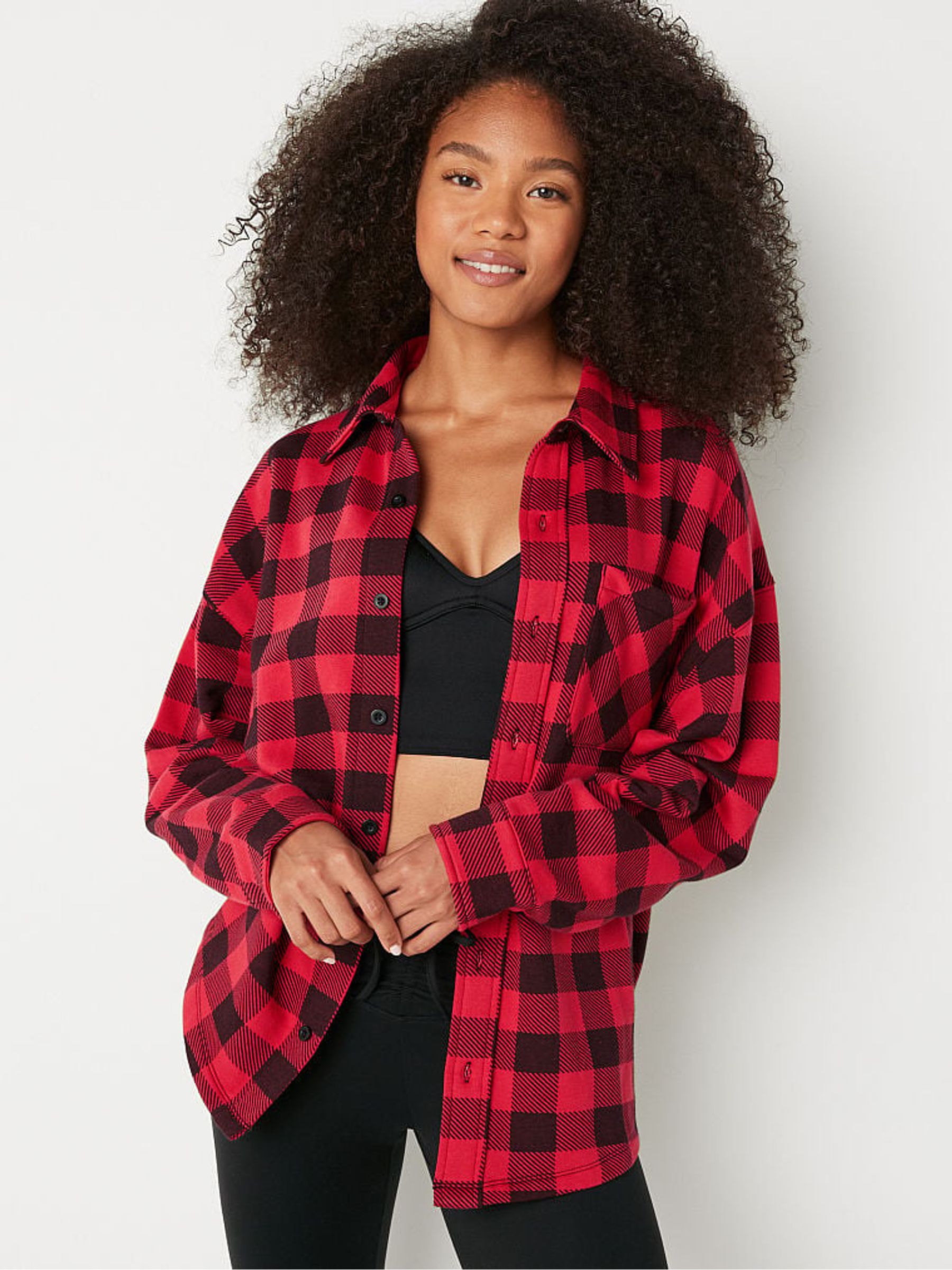 Red Pepper Plaid Fleece Shirt Jacket