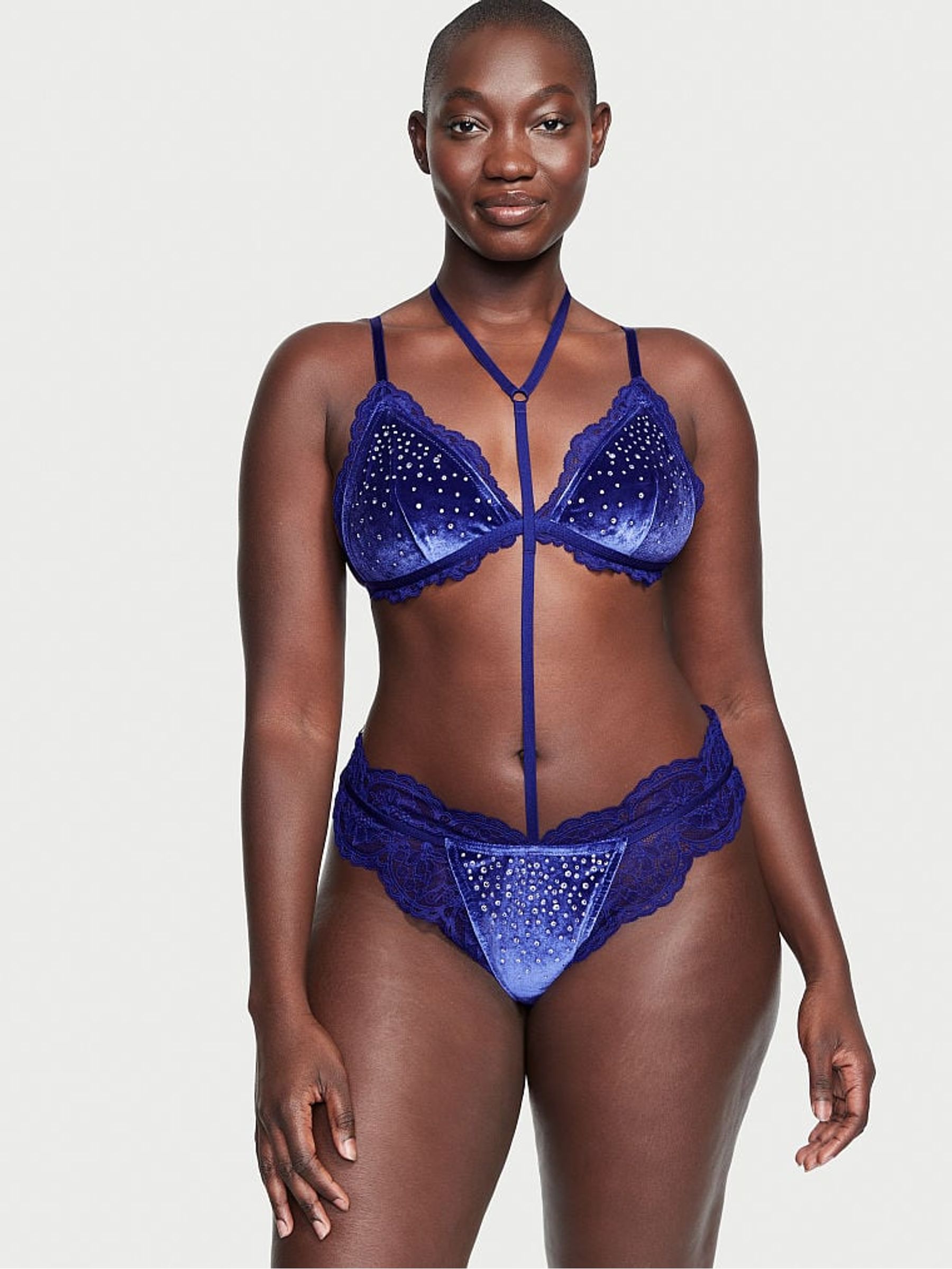 Night Ocean Blue Embellished Velvet Bodysuit