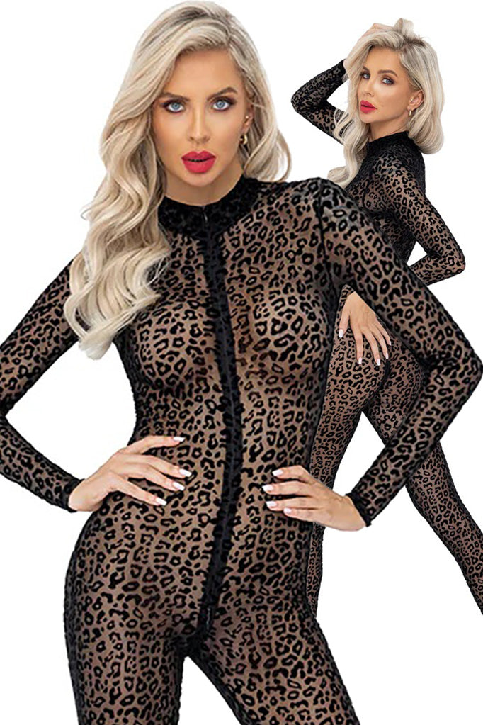 Noir Handmade Full Body Leopard Flock Catsuit