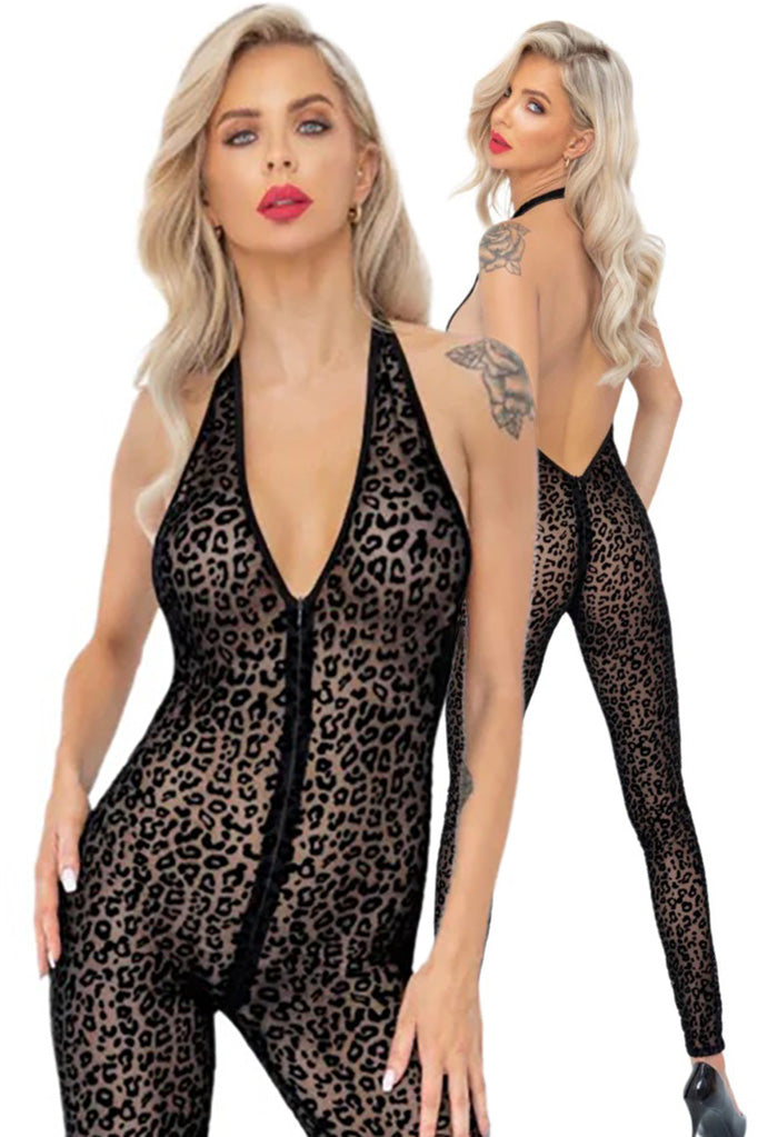 Noir Handmade Leopard Flock Halter Catsuit