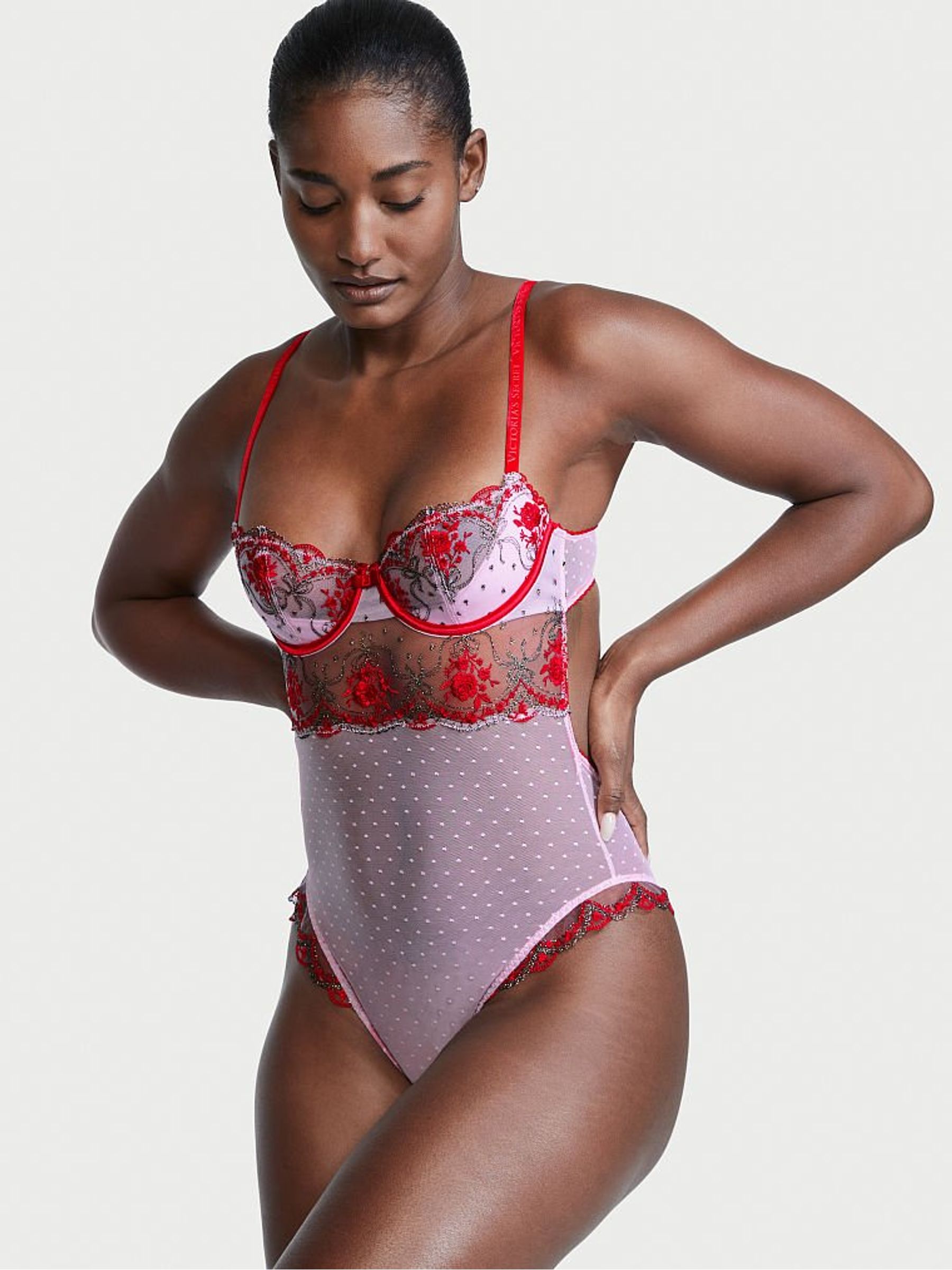 Lipstick Red Embroidered Unlined Balcony Bodysuit