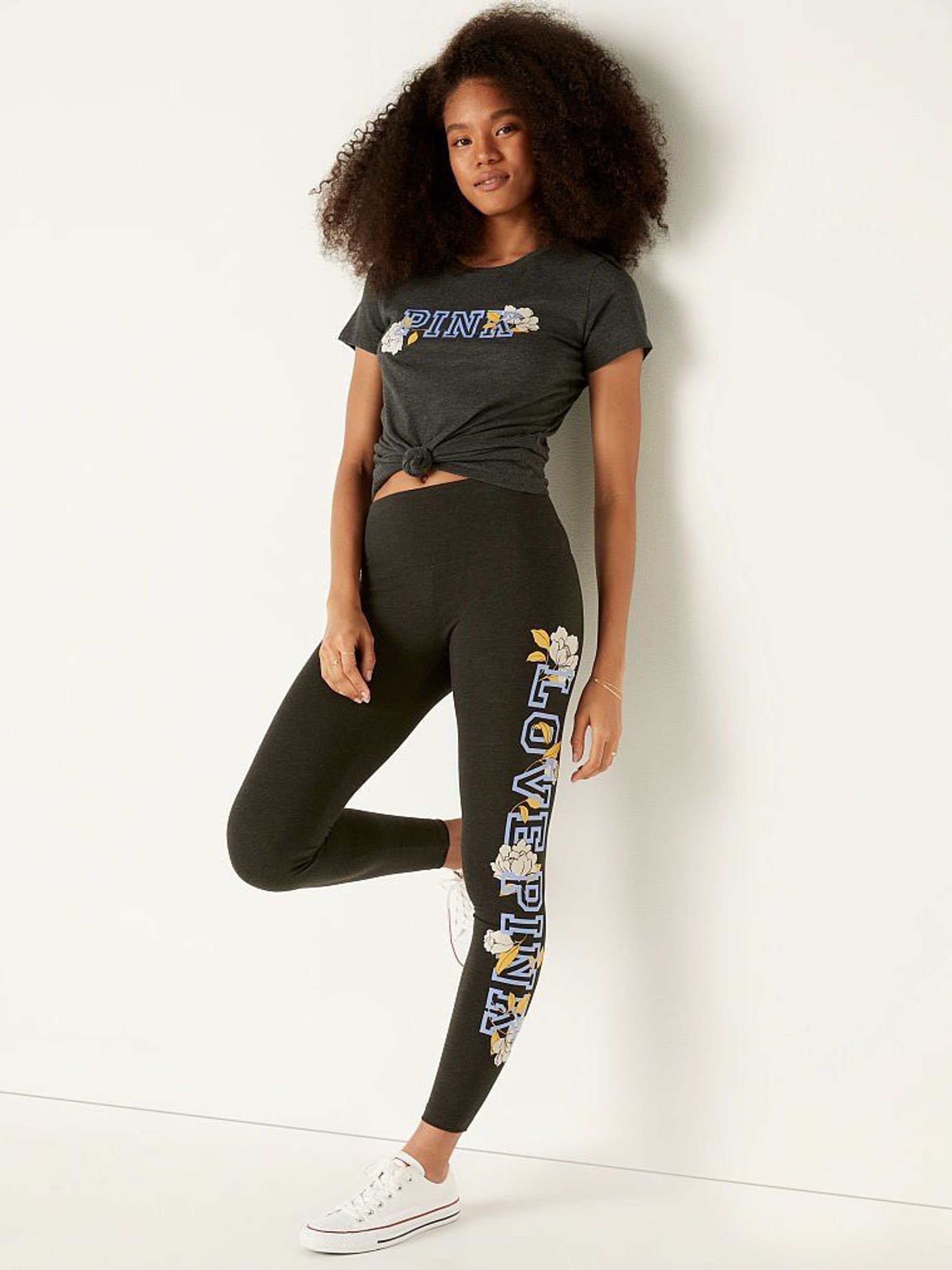 Pure Black Overt Floral Love Pink Cotton High Waist Legging in Full Length