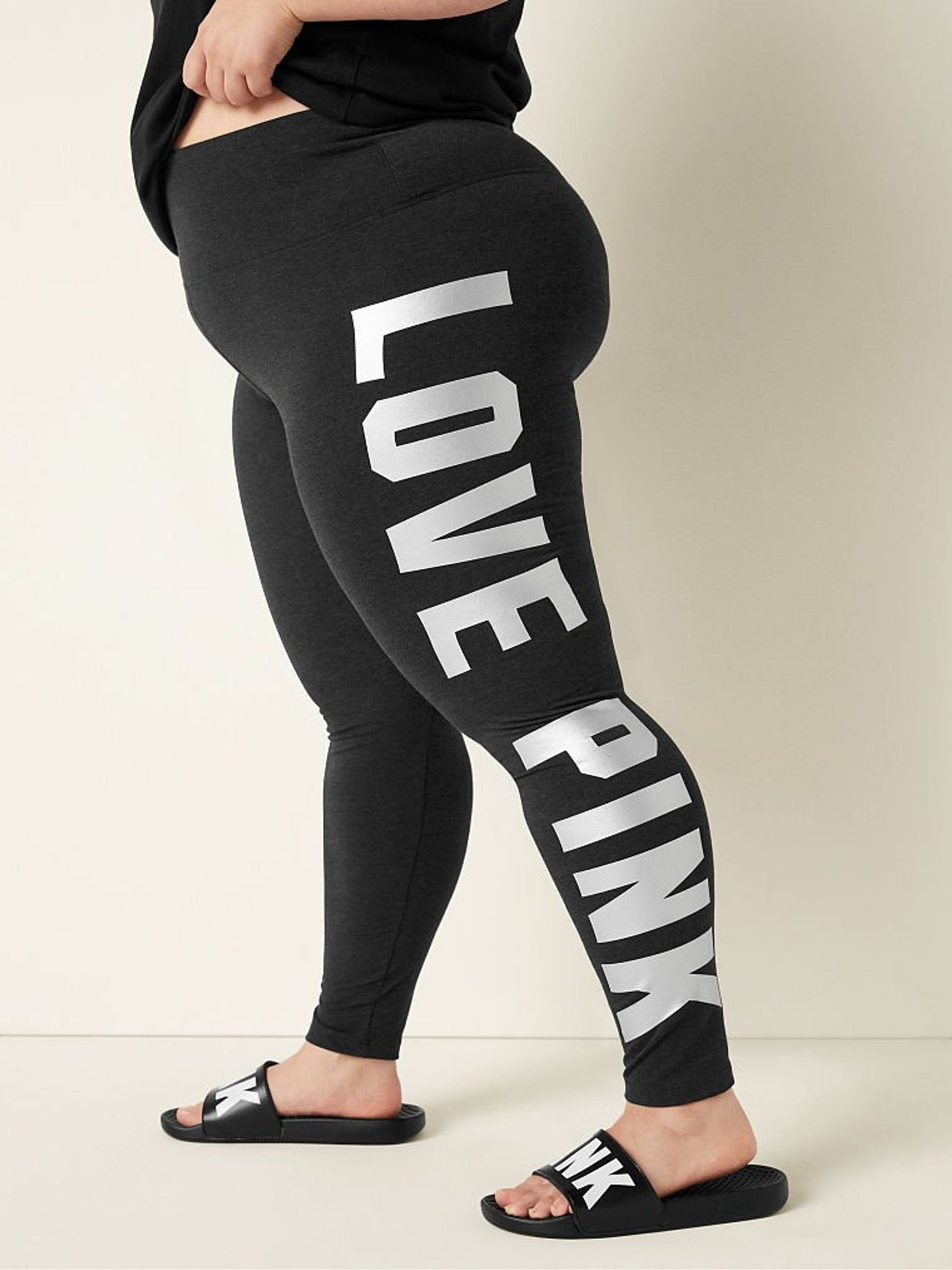 Pure Black Love Pink Cotton High Waist Full Length Leggings