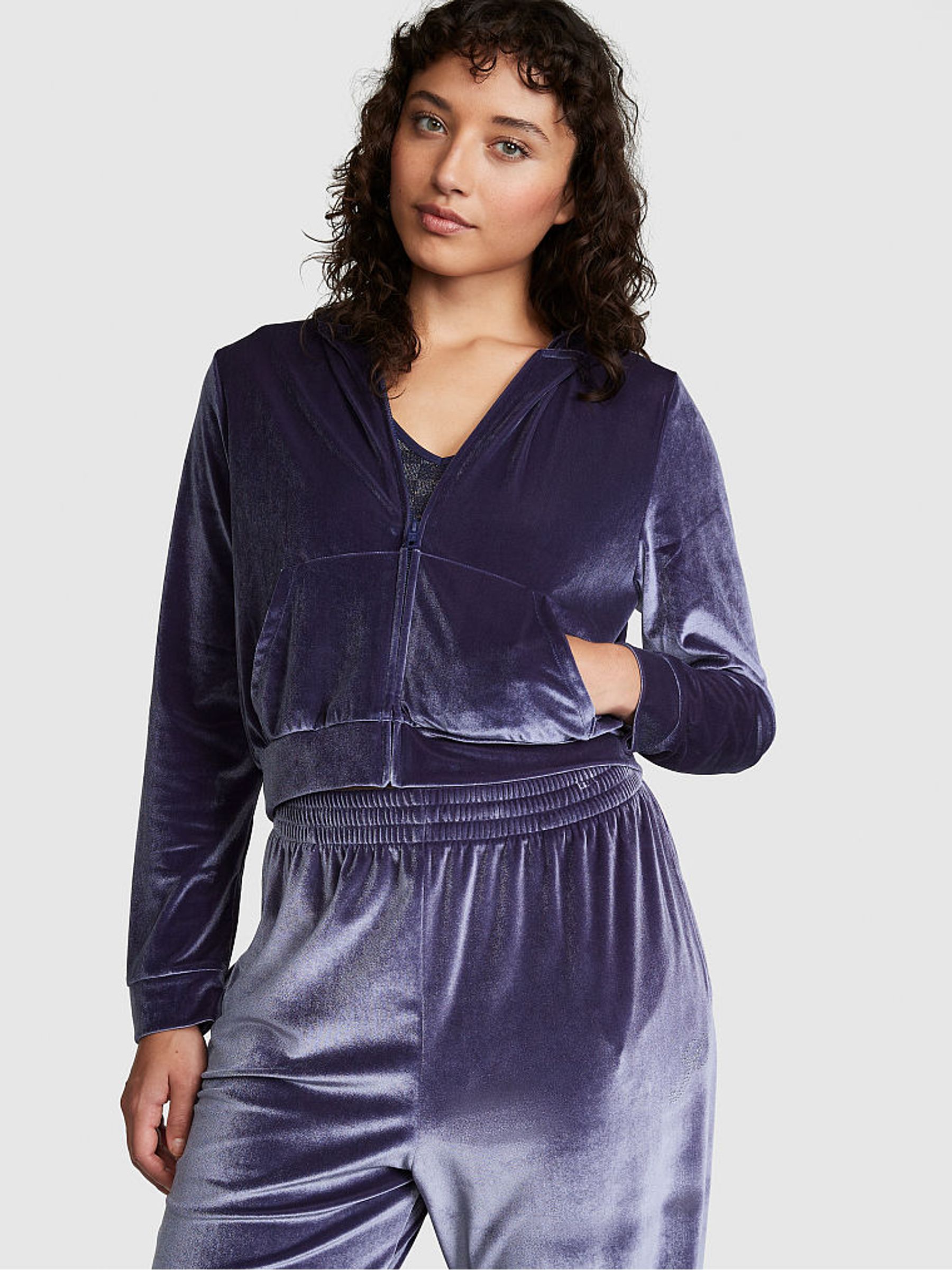 Midnight Navy Blue Velour Logo Shine Hoodie