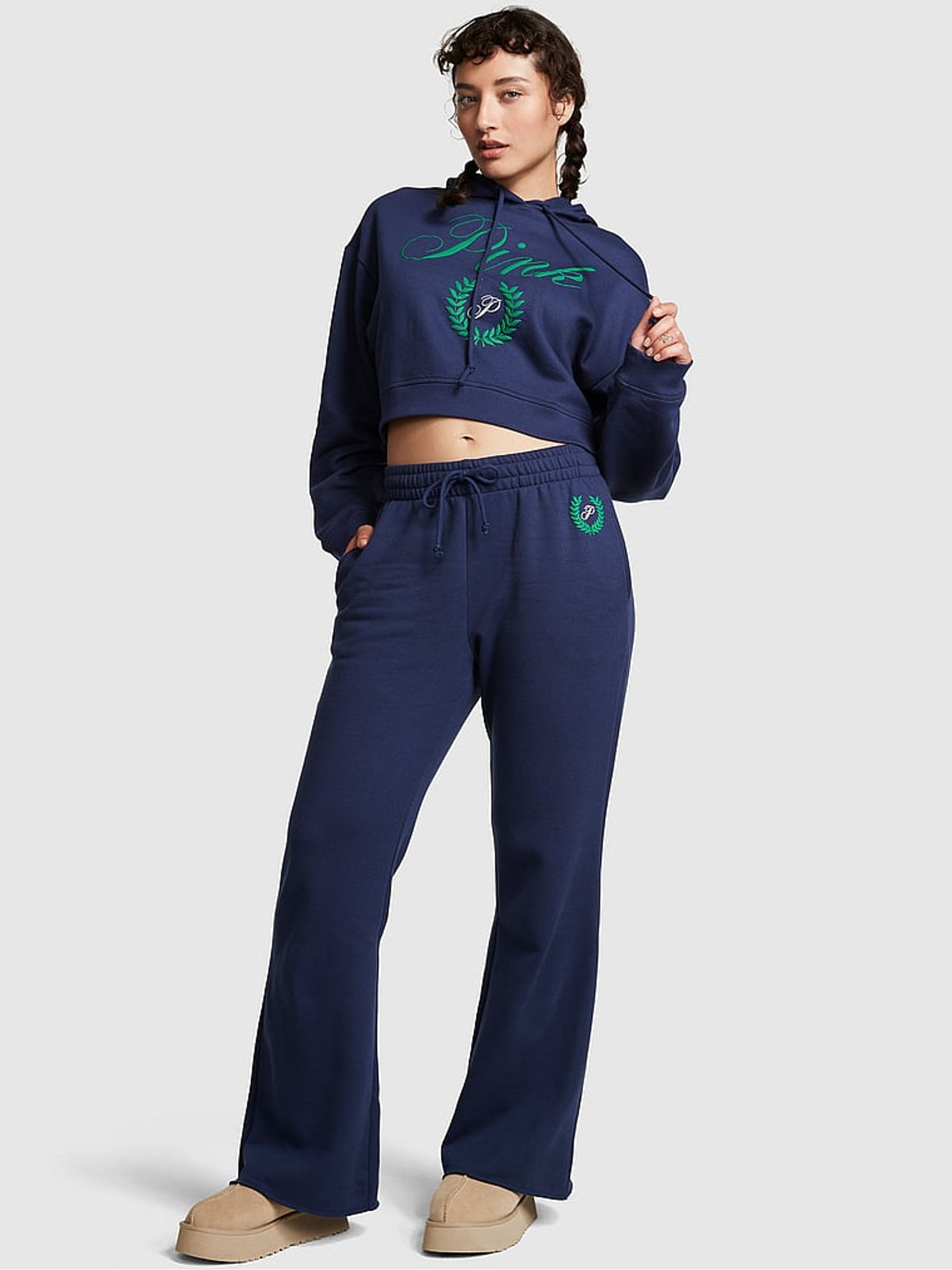 Midnight Navy Blue Fleece Wide Leg Joggers