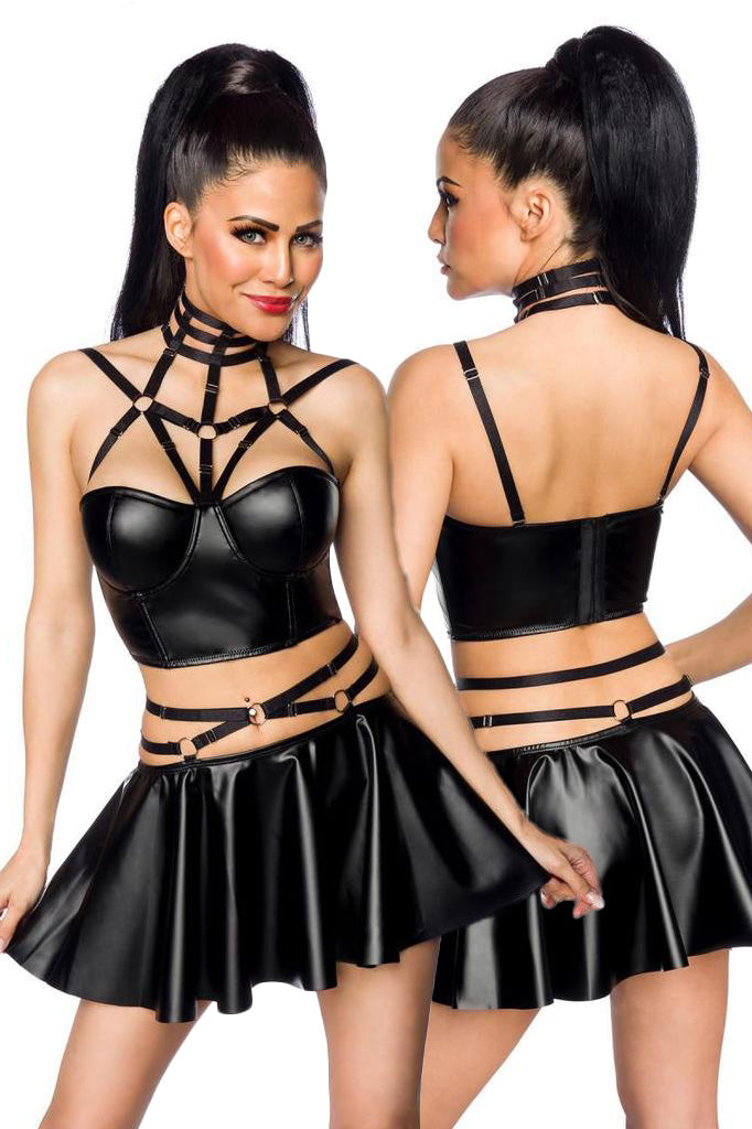 Saresia Harness Wetlook Set mit ausgestelltem Rock (XL/2XL)