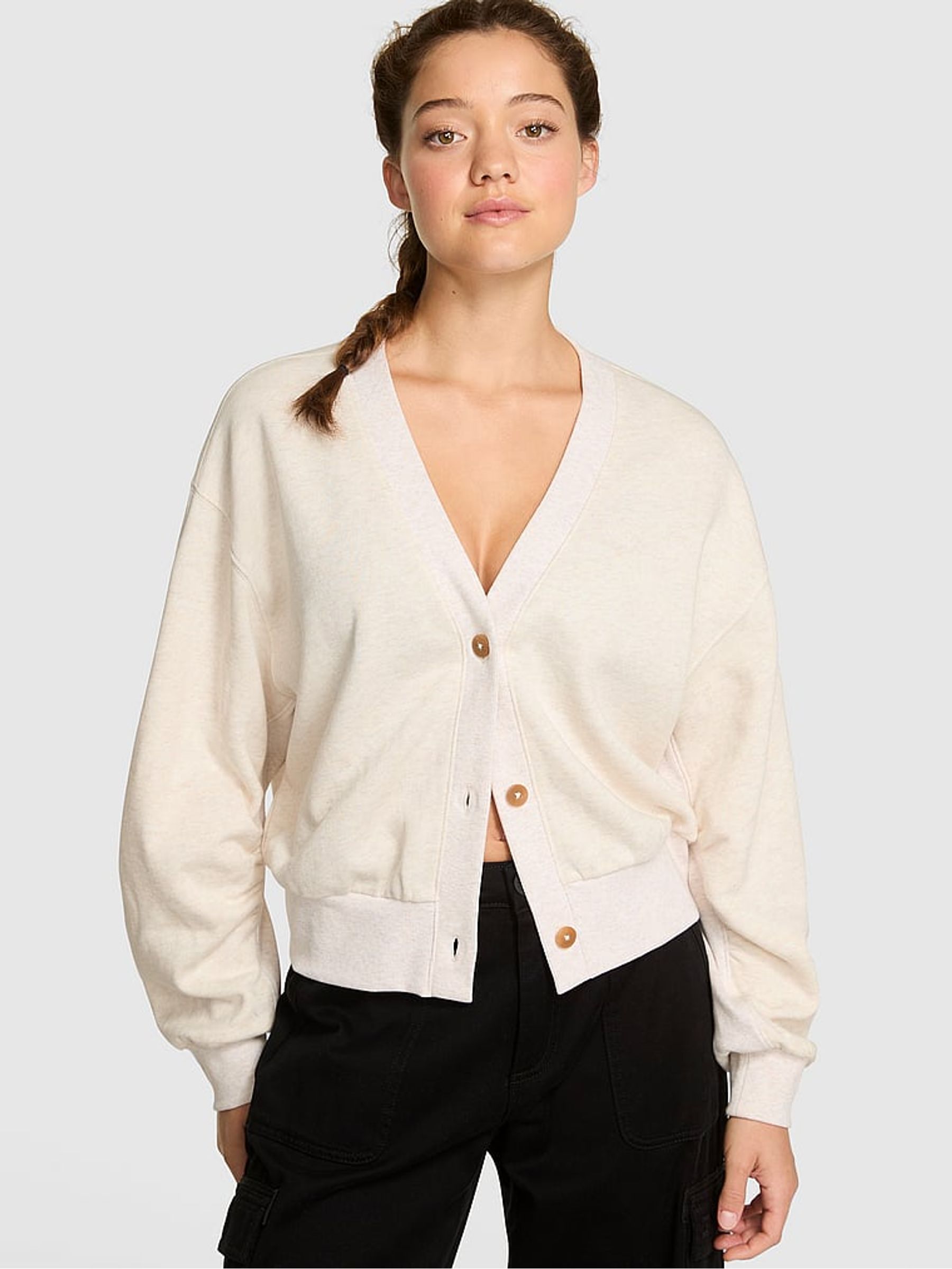 Natural Heather White Cropped Fleece Cardigan