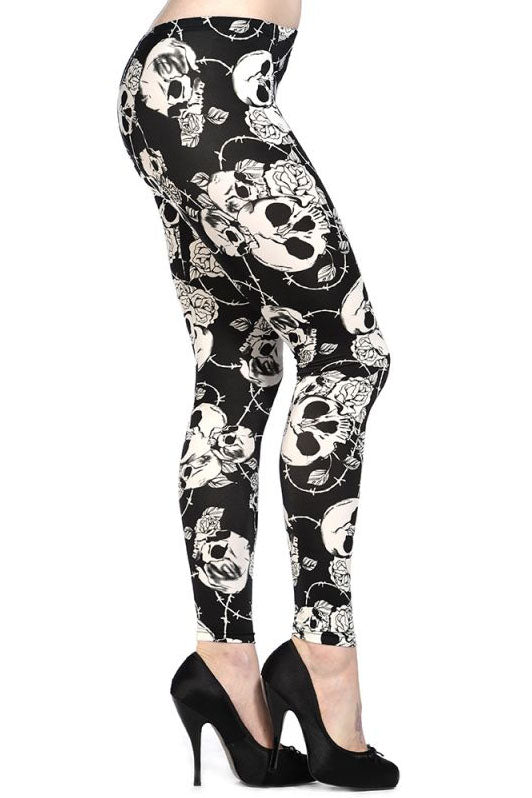 Banned Black White Skull Rose Barbwire Leggings