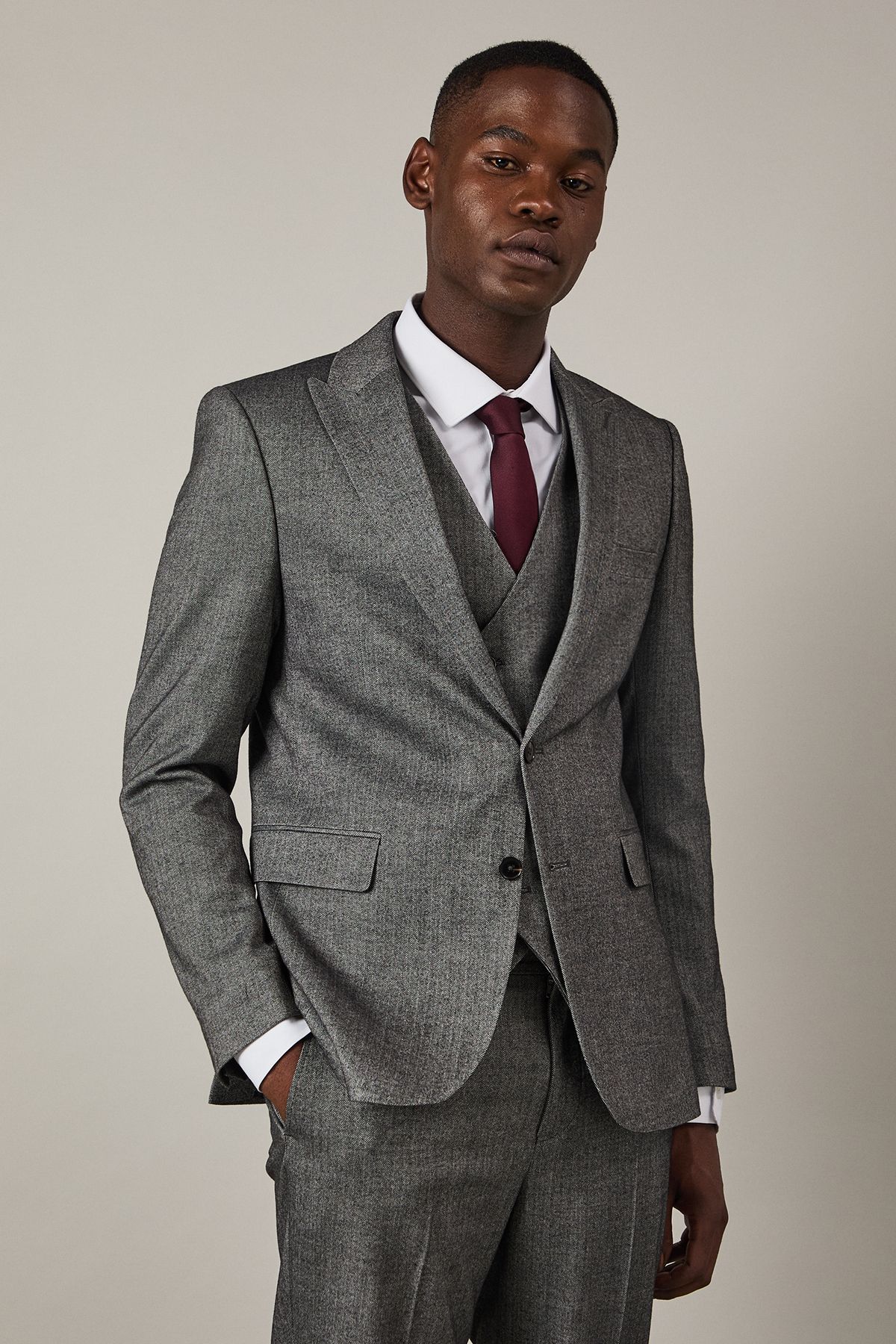 Grey Tweed Look Herringbone Slim Fit Suit Jacket