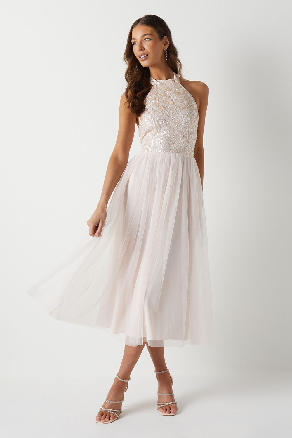 3d Floral Embellished Halterneck Bridesmaid Midi Dress