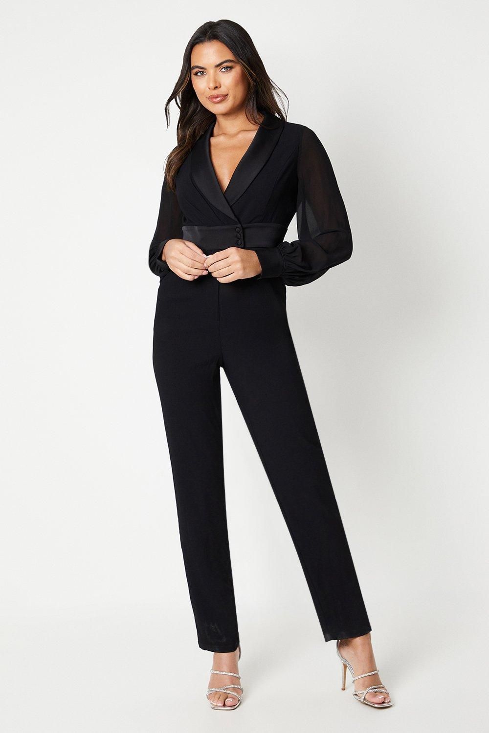 Chiffon Sleeve Wrap Front Tuxedo Jumpsuit