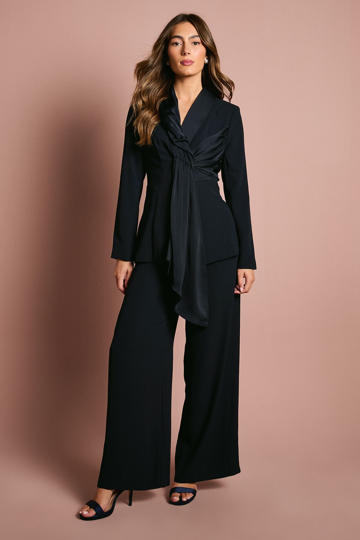 Wide Leg Trouser With Satin Pleated Waistband