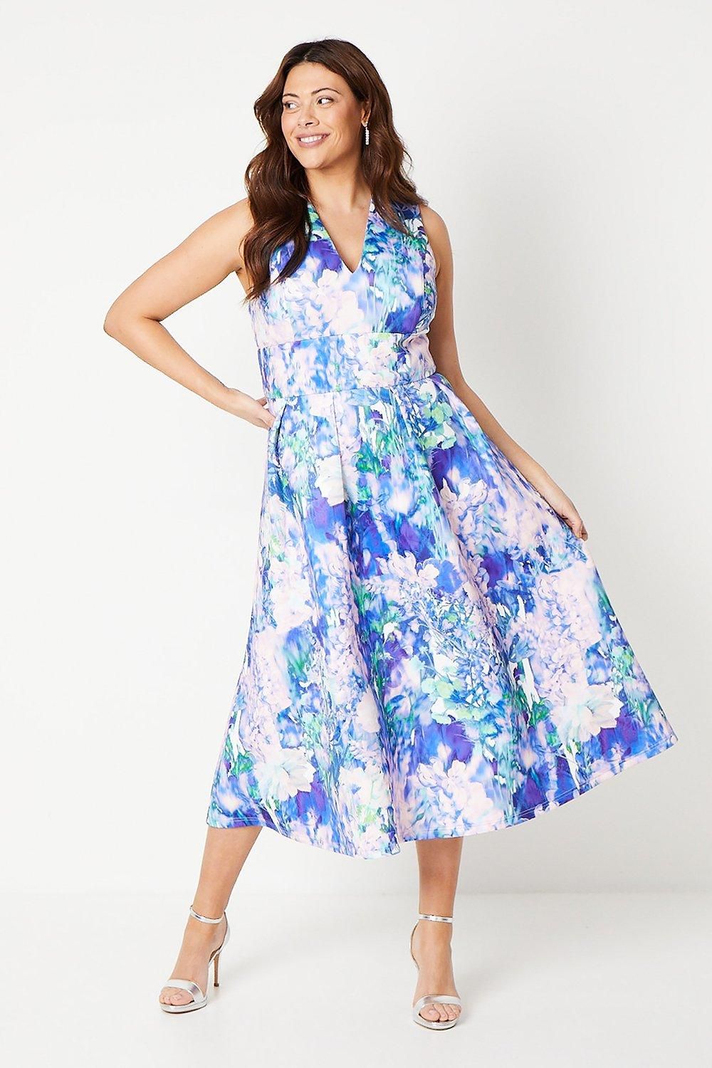 Plus Plunge Neck Full Skirted Midi Dress In Scuba
