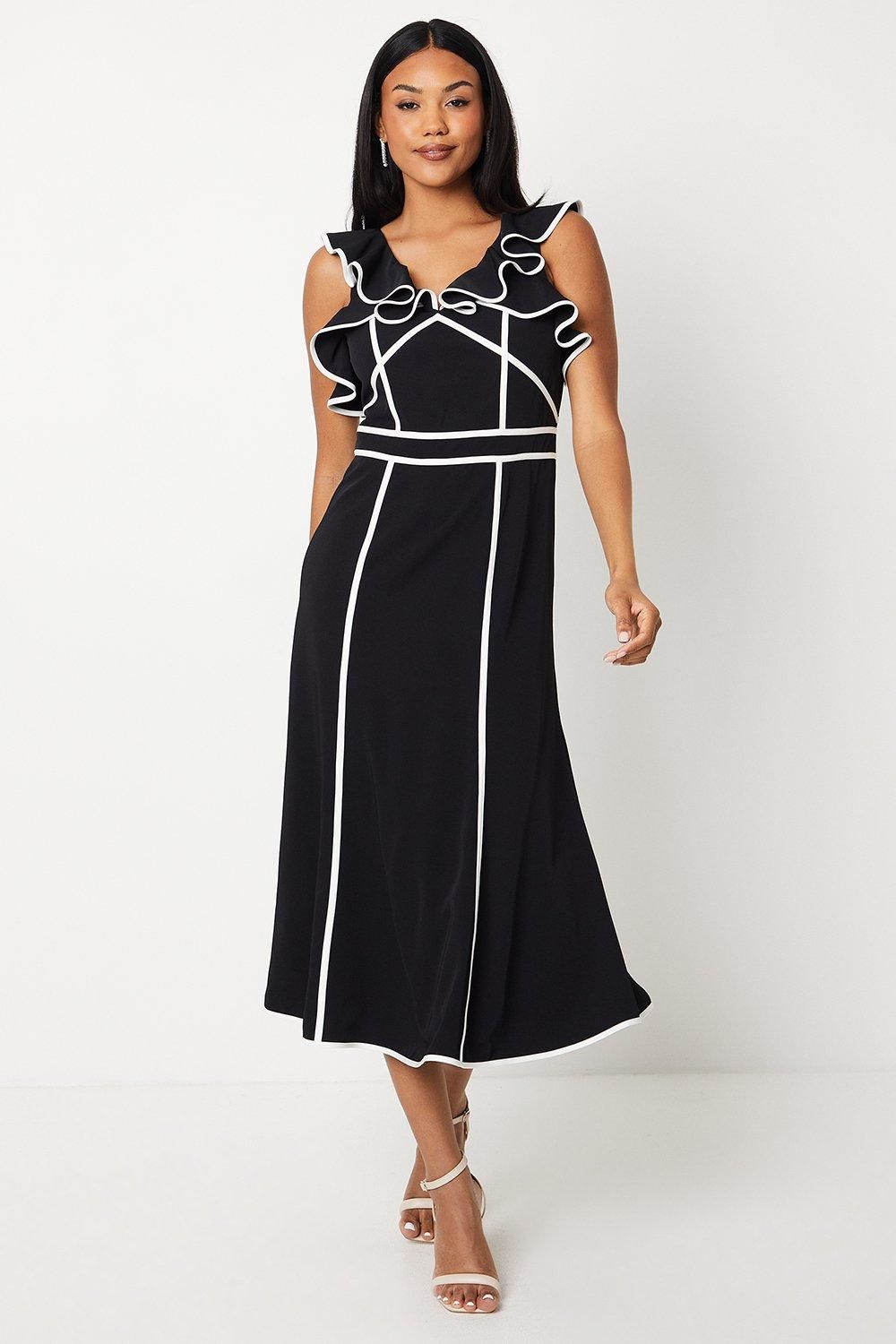 Frill Shoulder Detail Crepe Midi Dress With Tipping