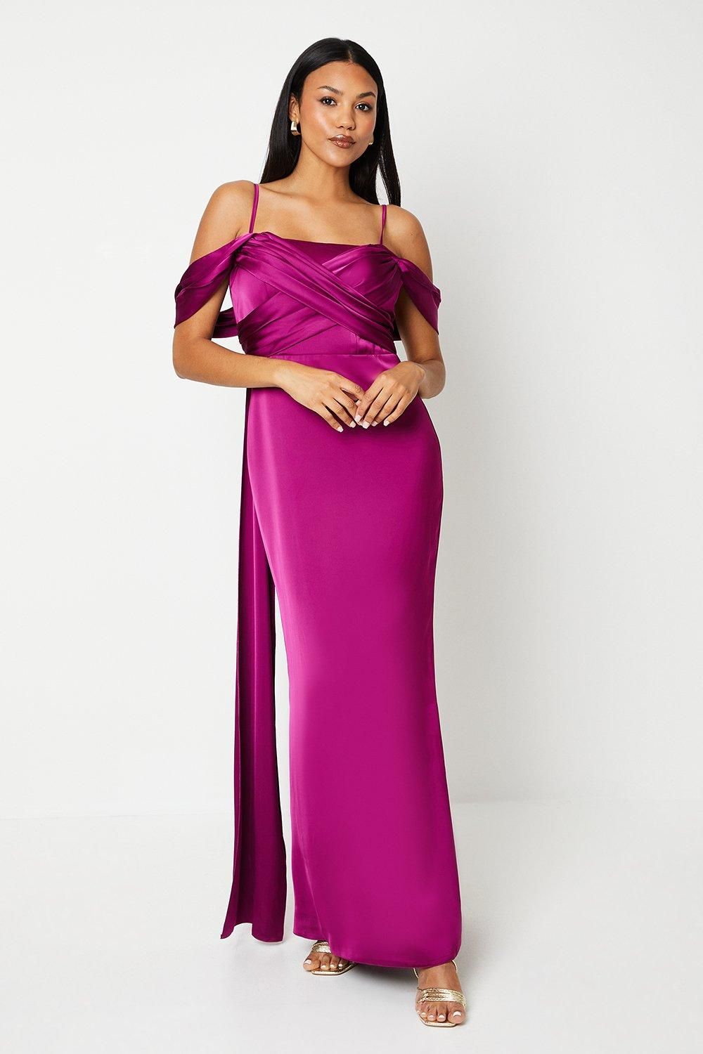 Wrap Bodice Draped Sleeve Satin Maxi Dress