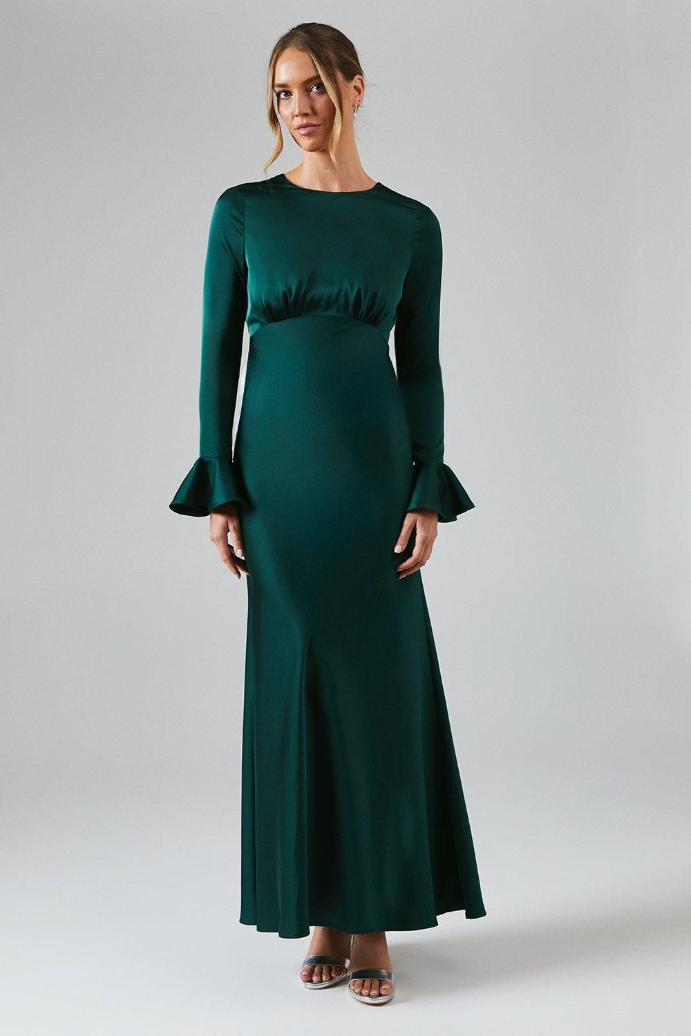 Long Sleeve Flute Hem Satin Bridesmaid Dress